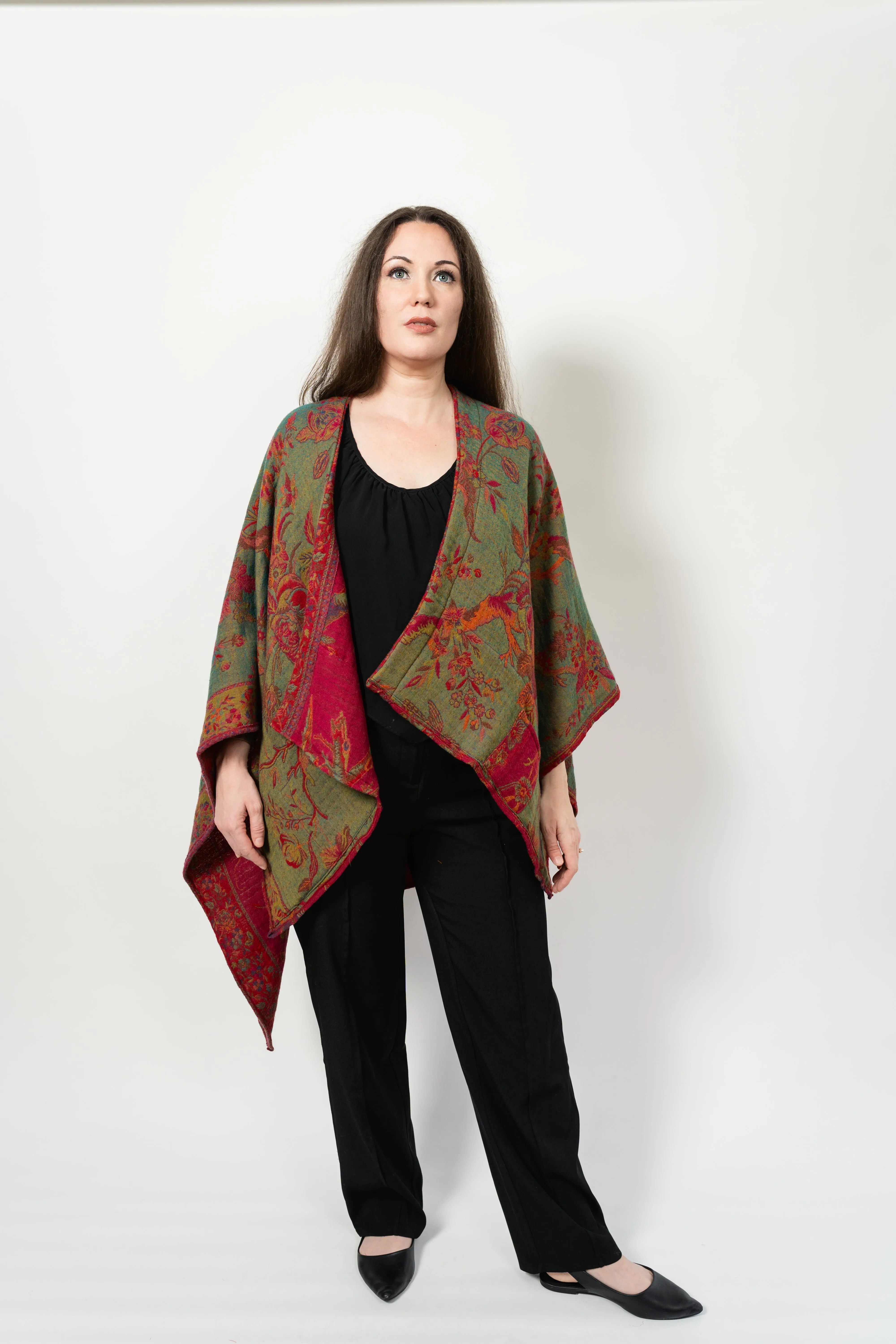 515 Ladies Boiled Wool Reversible Poncho Cape Fuchsia Bird