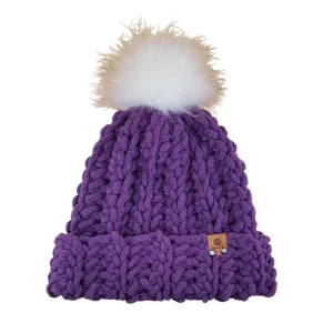 Beanie in Purple Chenille Style Yarn with White Pom Pom