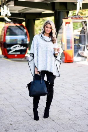 Bishop   Young Gray with Black Flecks and Black Trim Cowl Neck Poncho- Size M (sold out online)