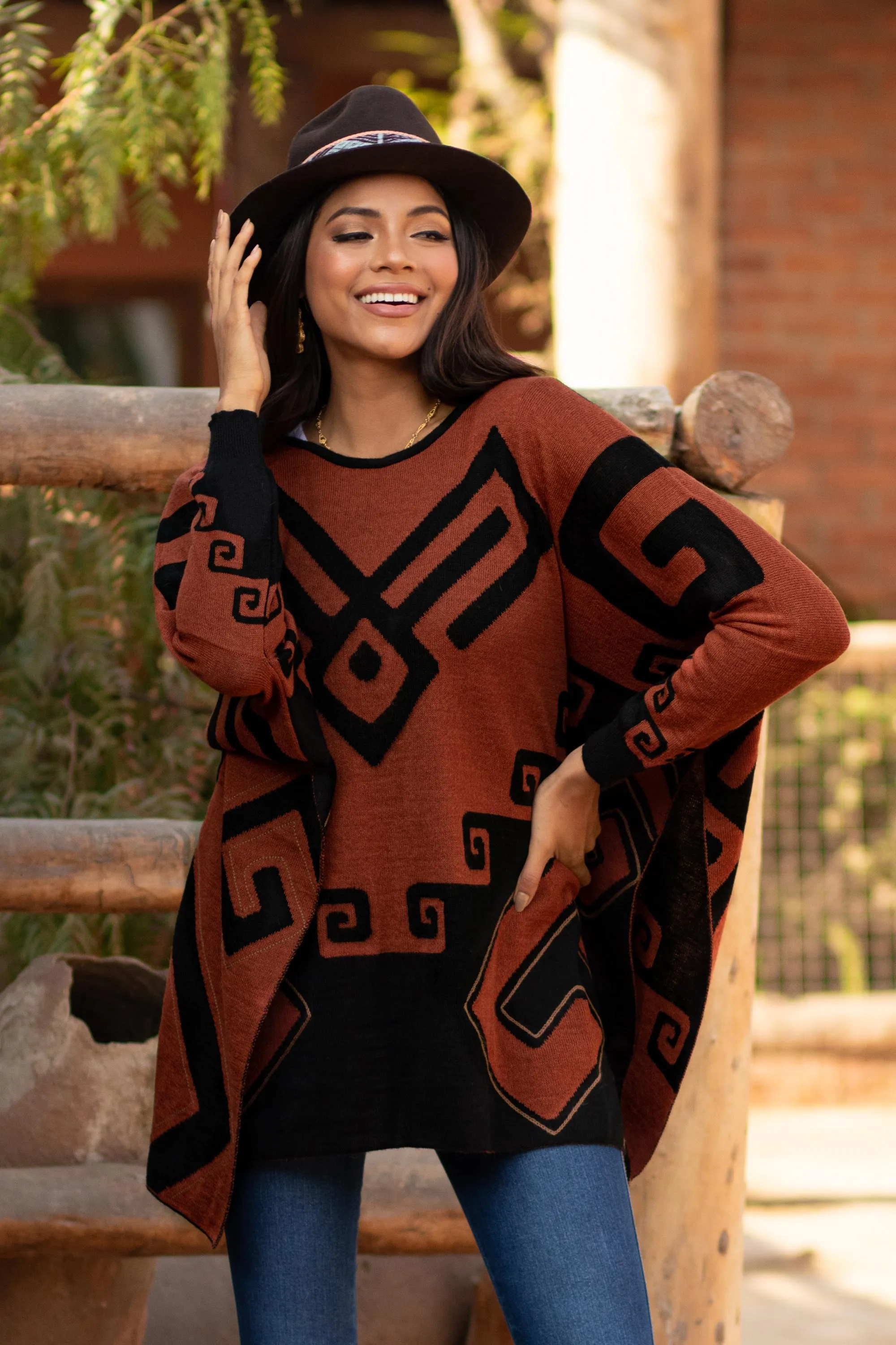 Black and Russet Alpaca Blend Poncho from Peru - Inca Contrast | NOVICA
