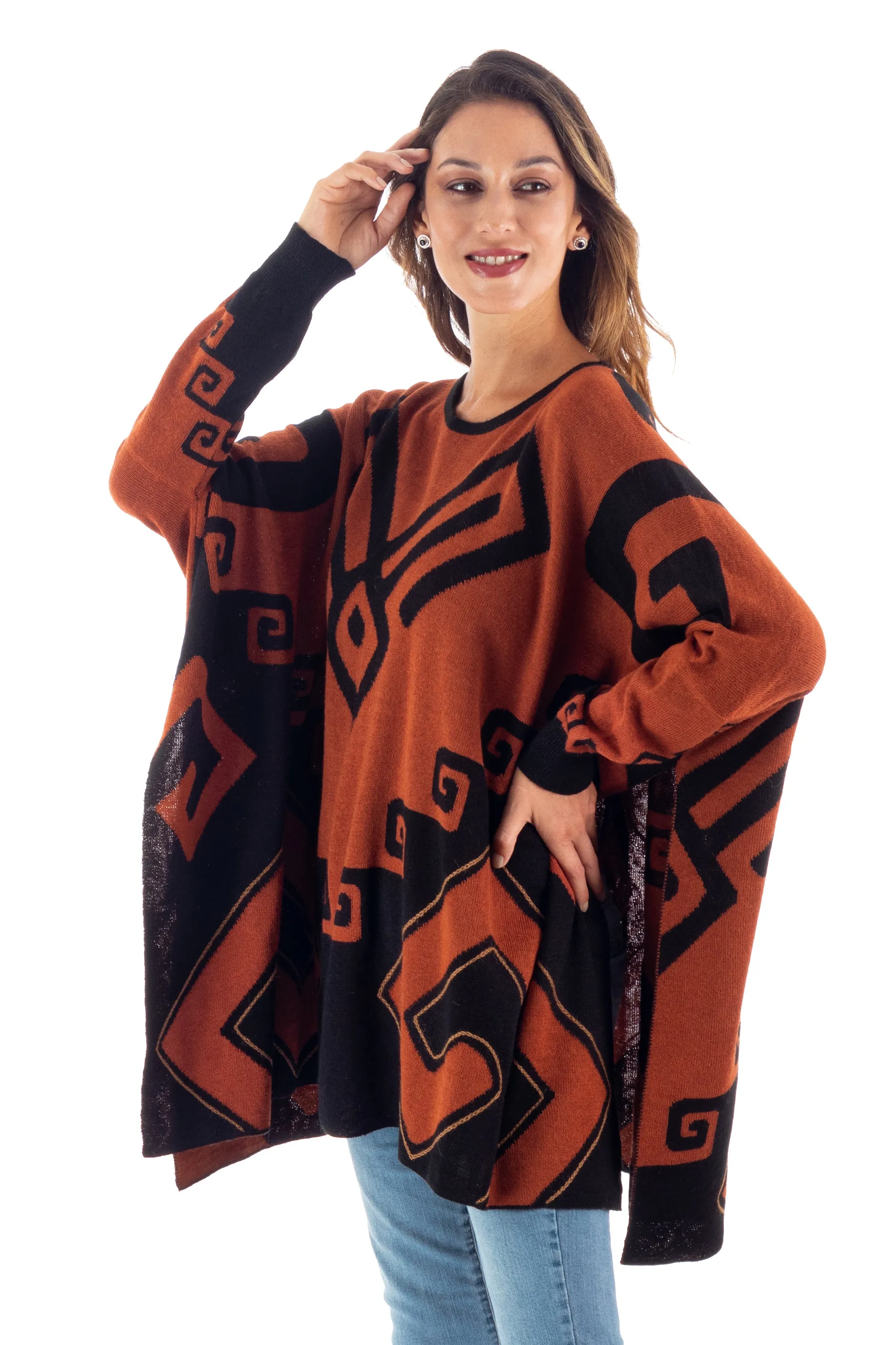 Black and Russet Alpaca Blend Poncho from Peru - Inca Contrast | NOVICA