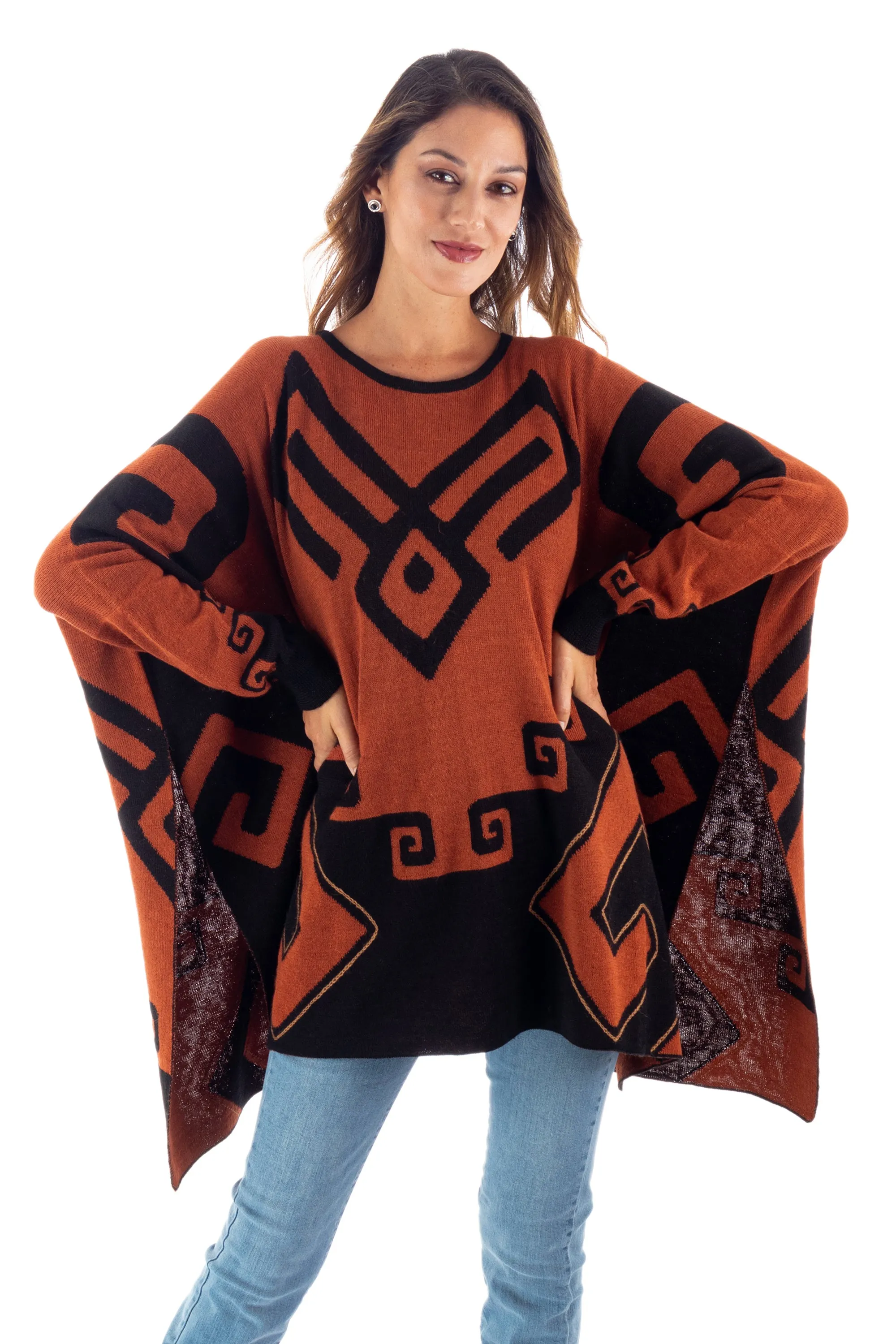 Black and Russet Alpaca Blend Poncho from Peru - Inca Contrast | NOVICA