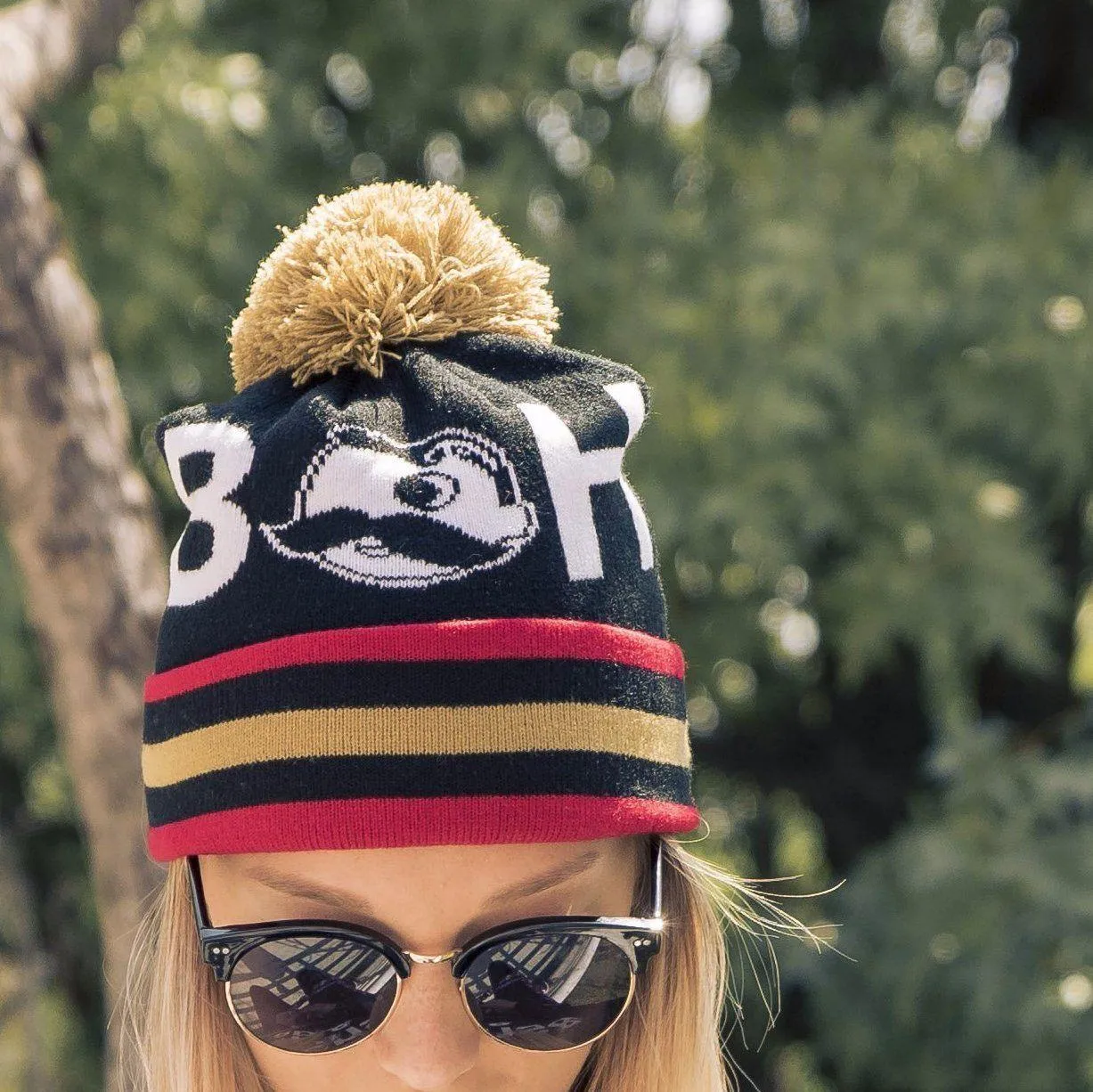 Boh Logo Text (Black w/ Gold Pom) / Knit Beanie Cap