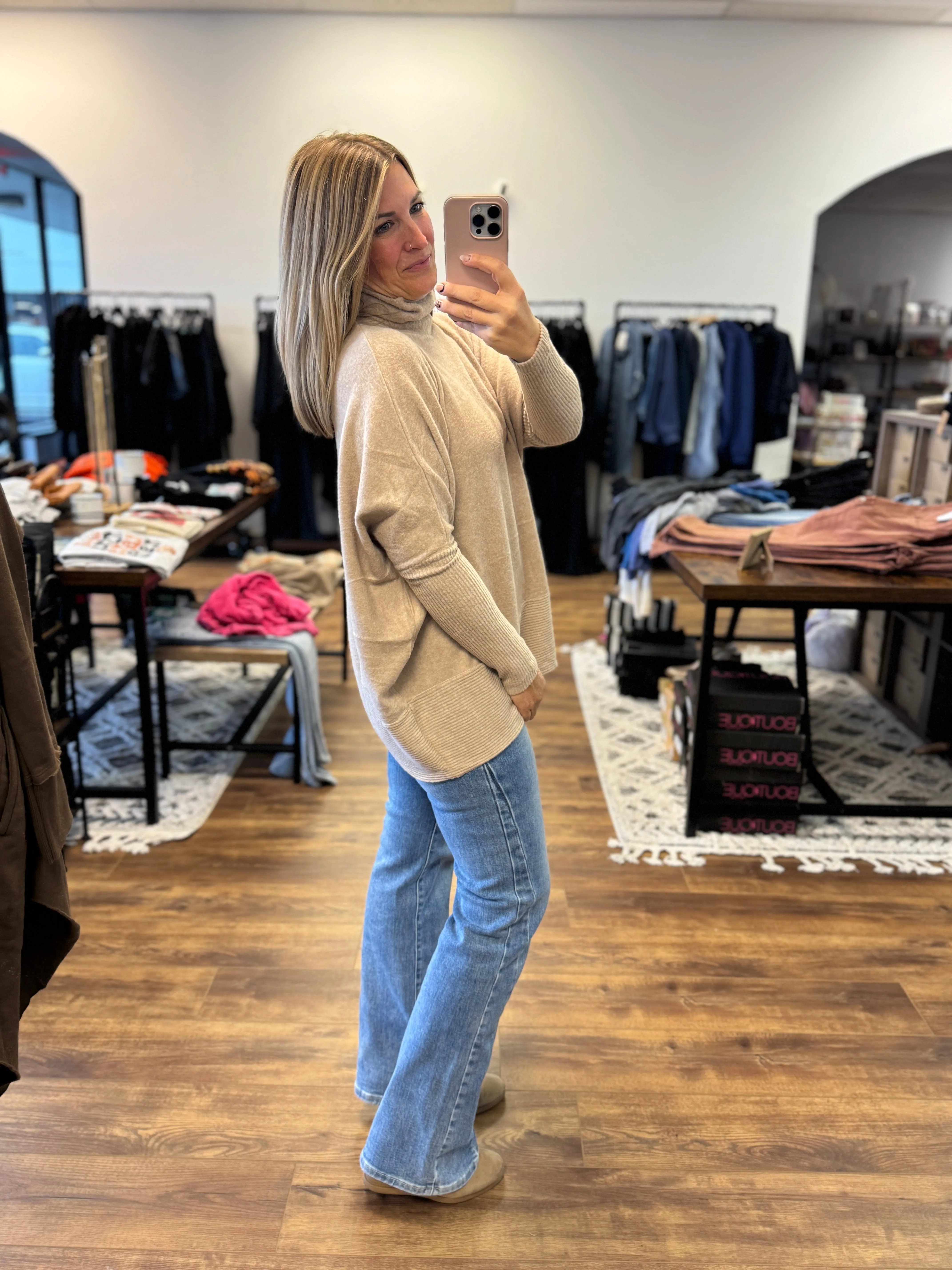 Brushed Melange Turtleneck Poncho Pullover - Ash Mocha