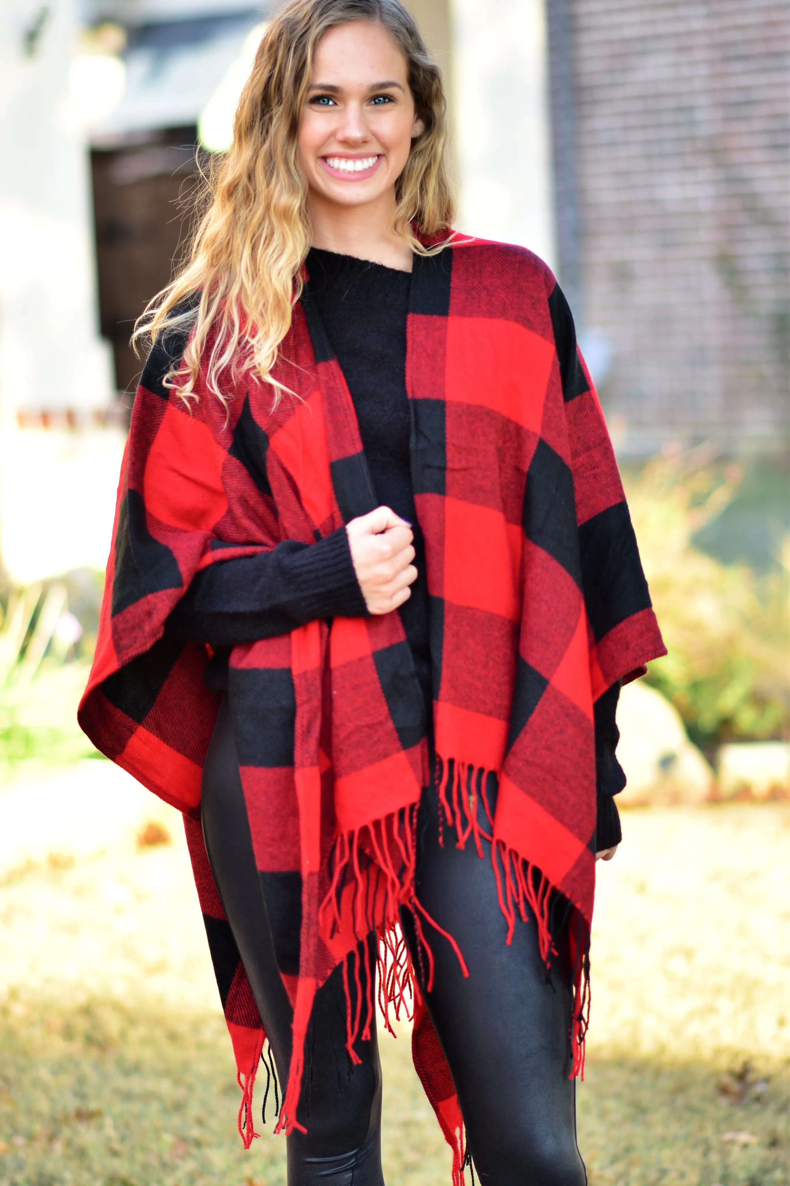 Buffalo Check Tassel Fringe Ruana Poncho - Red