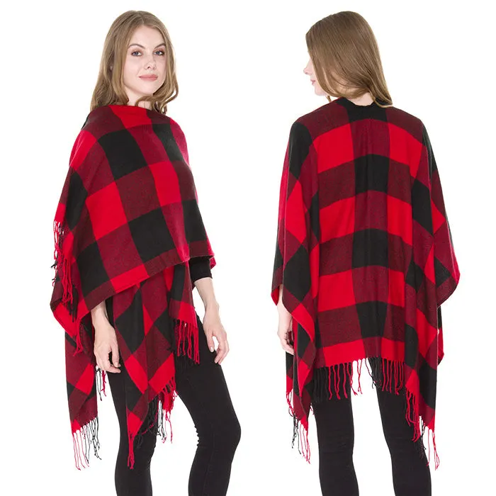 Buffalo Check Tassel Fringe Ruana Poncho - Red