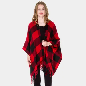 Buffalo Check Tassel Fringe Ruana Poncho - Red