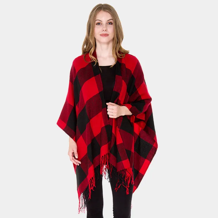 Buffalo Check Tassel Fringe Ruana Poncho - Red