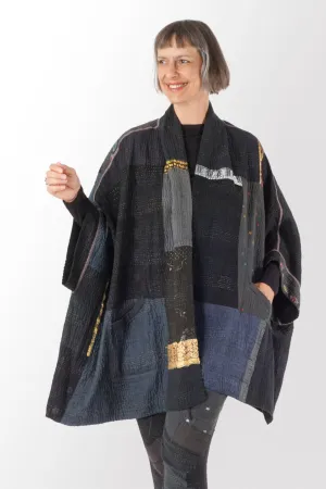 COTTON SILK SW PATCH KANTHA DOUBLE COLLAR PONCHO - ws4323-blk -
