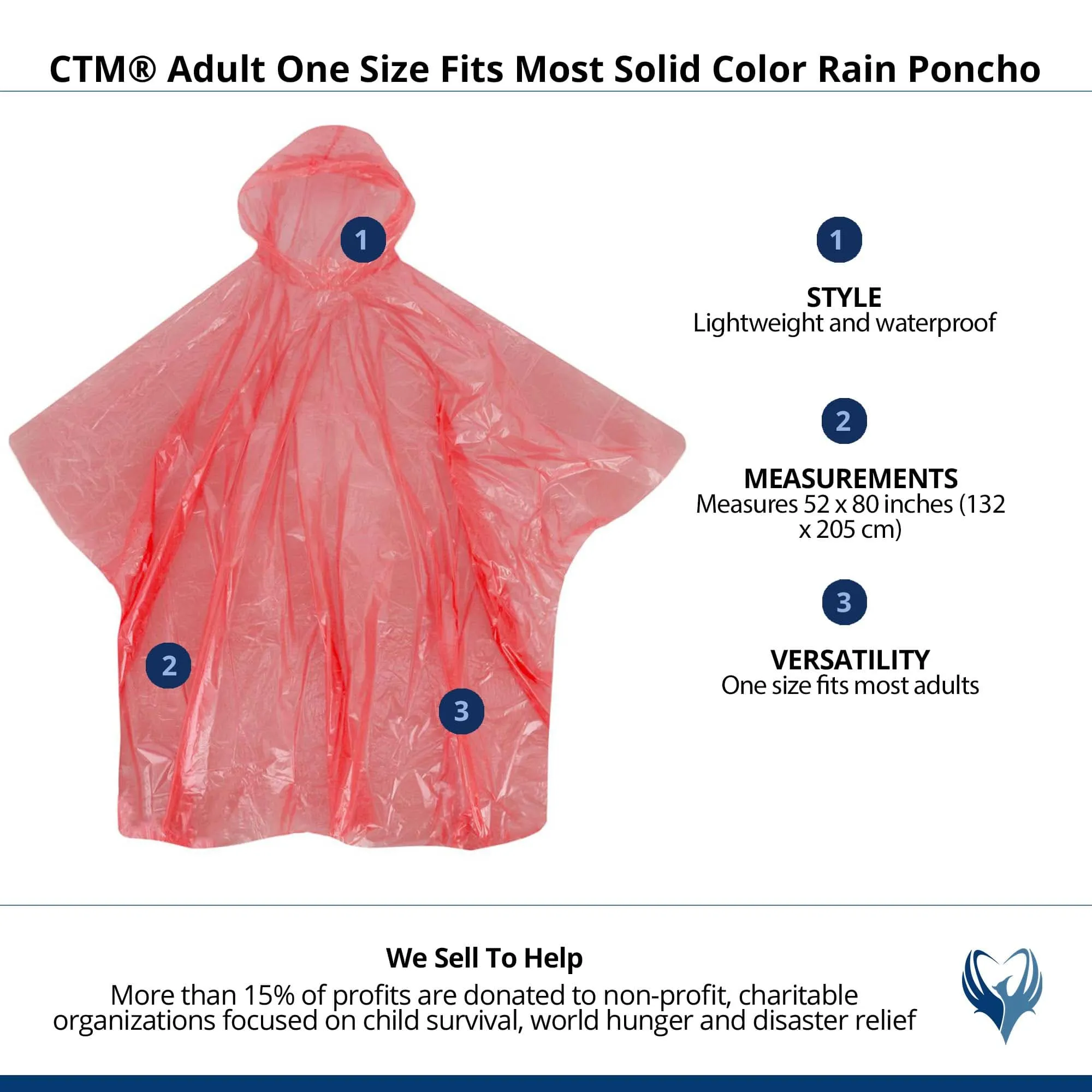CTM® Adult One Size Fits Most Solid Color Rain Poncho