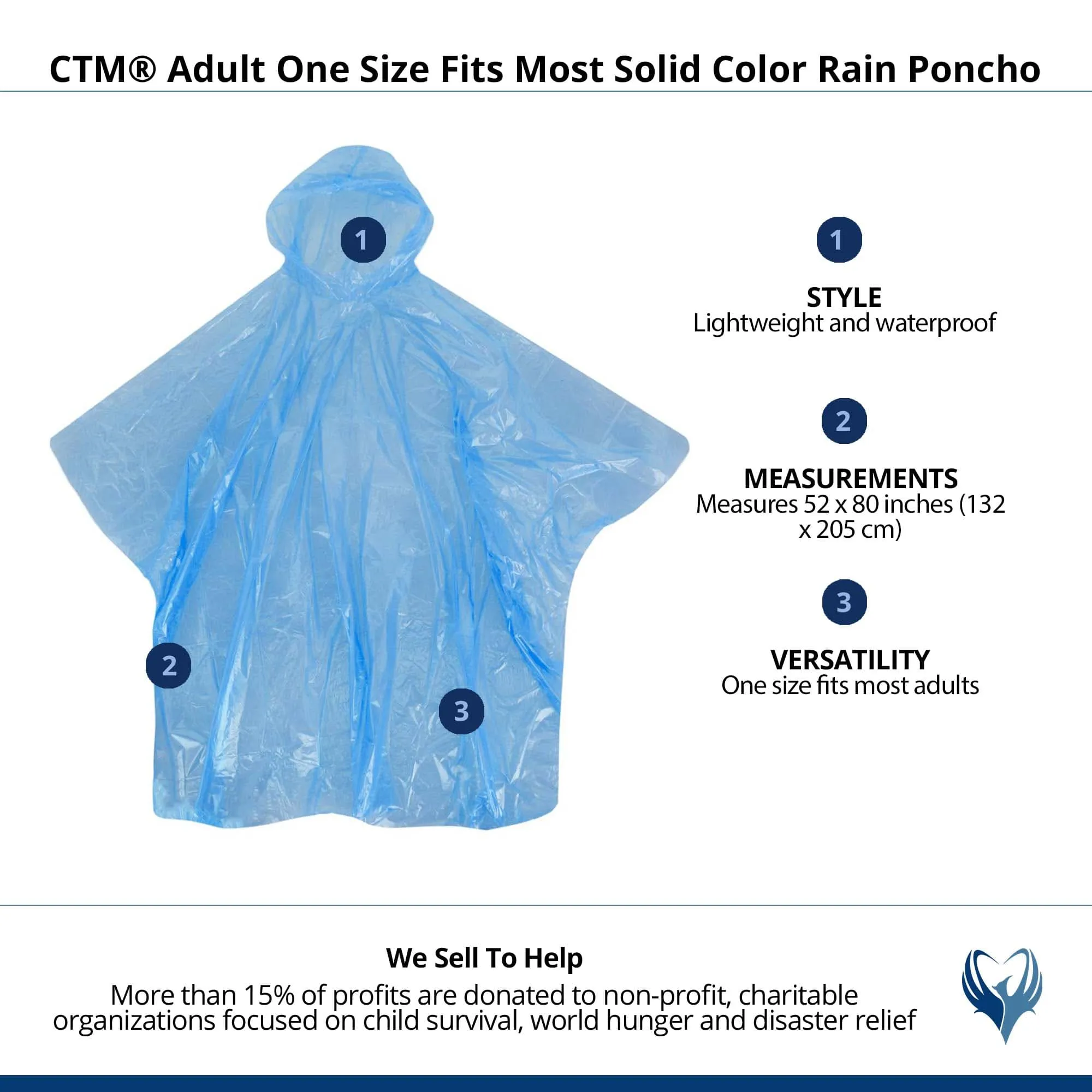 CTM® Adult One Size Fits Most Solid Color Rain Poncho