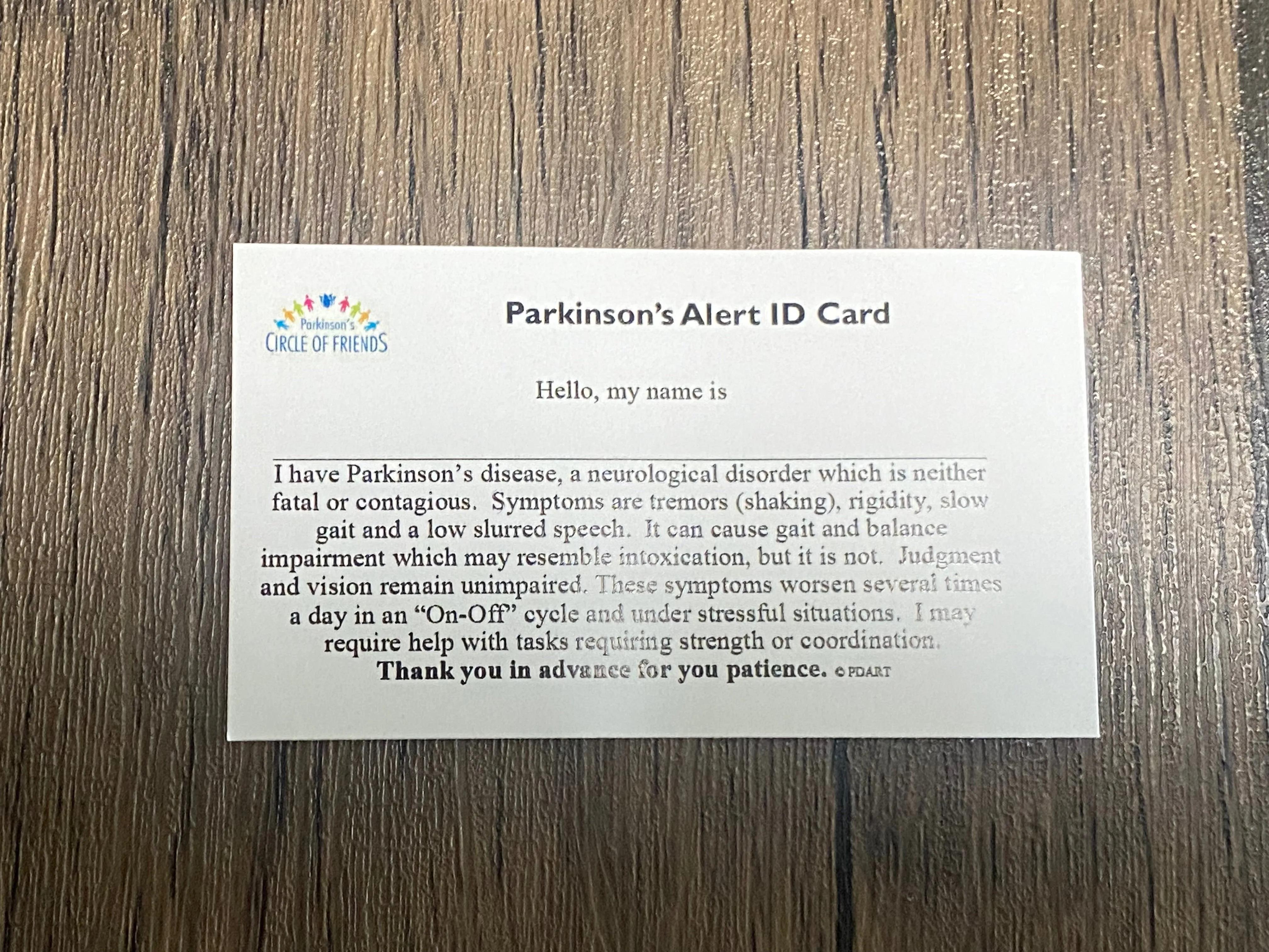 Driver has Parkinson Disease/Parkinson Alert ID Card