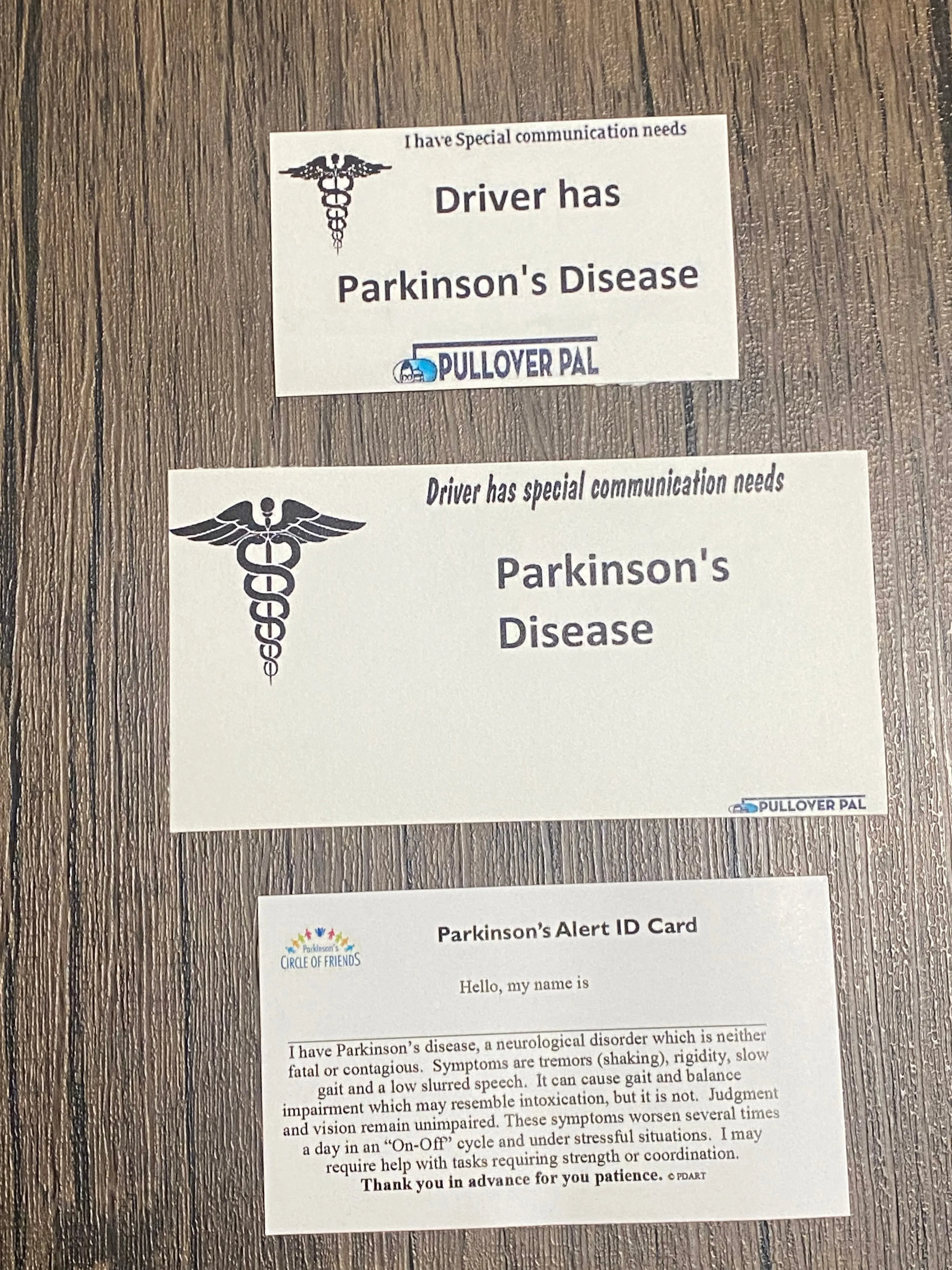 Driver has Parkinson Disease/Parkinson Alert ID Card