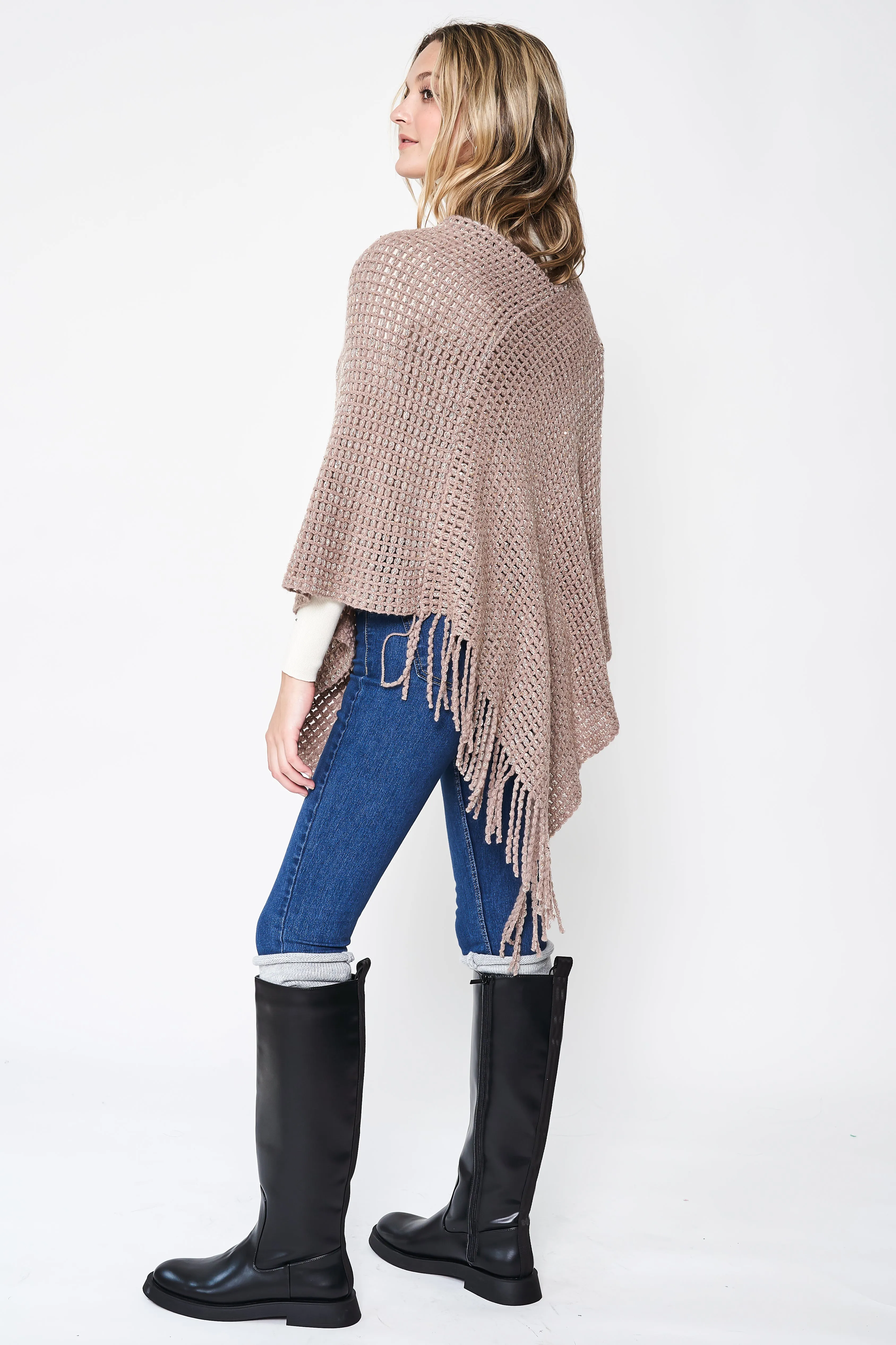 Fringed Solid Knit Poncho