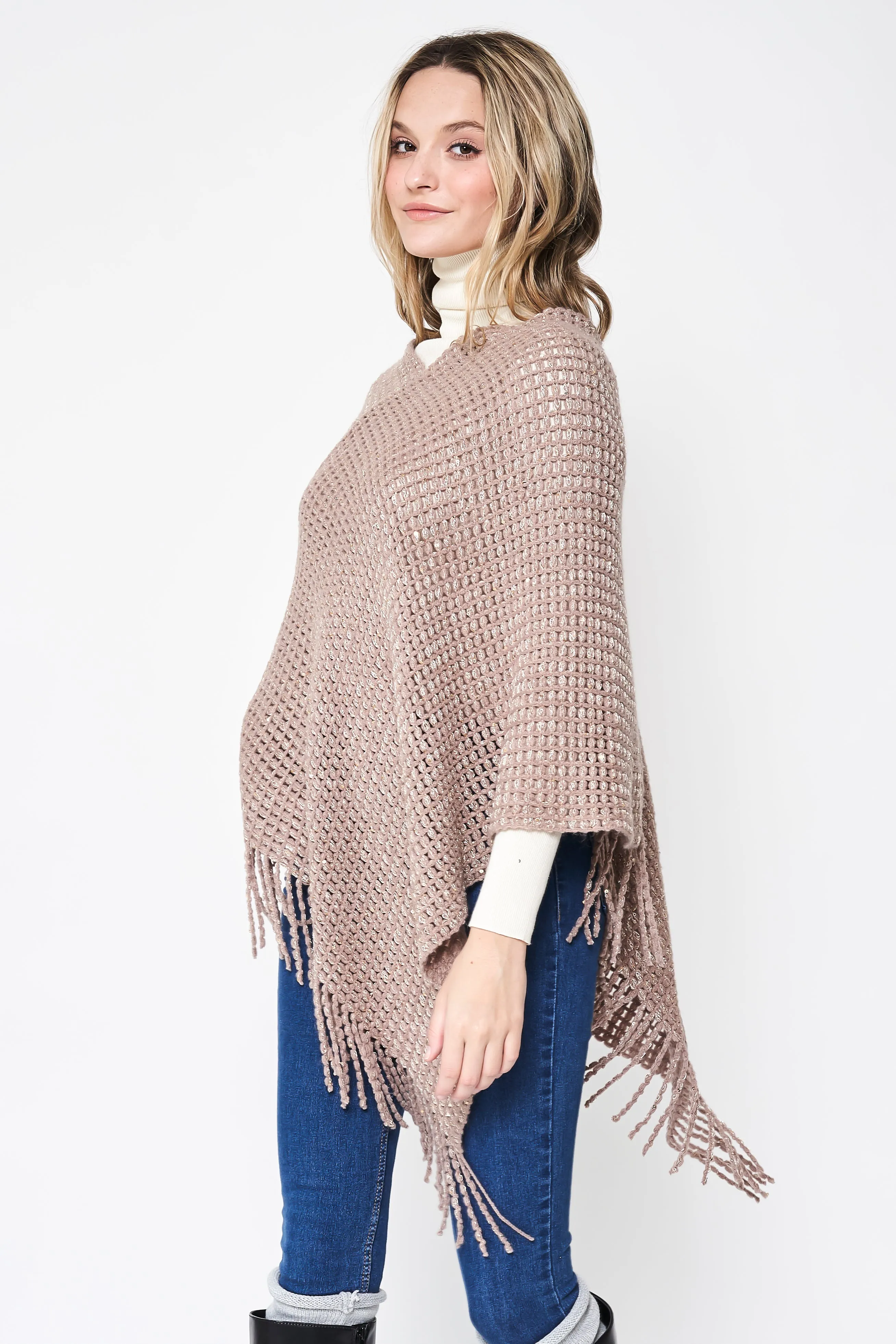 Fringed Solid Knit Poncho