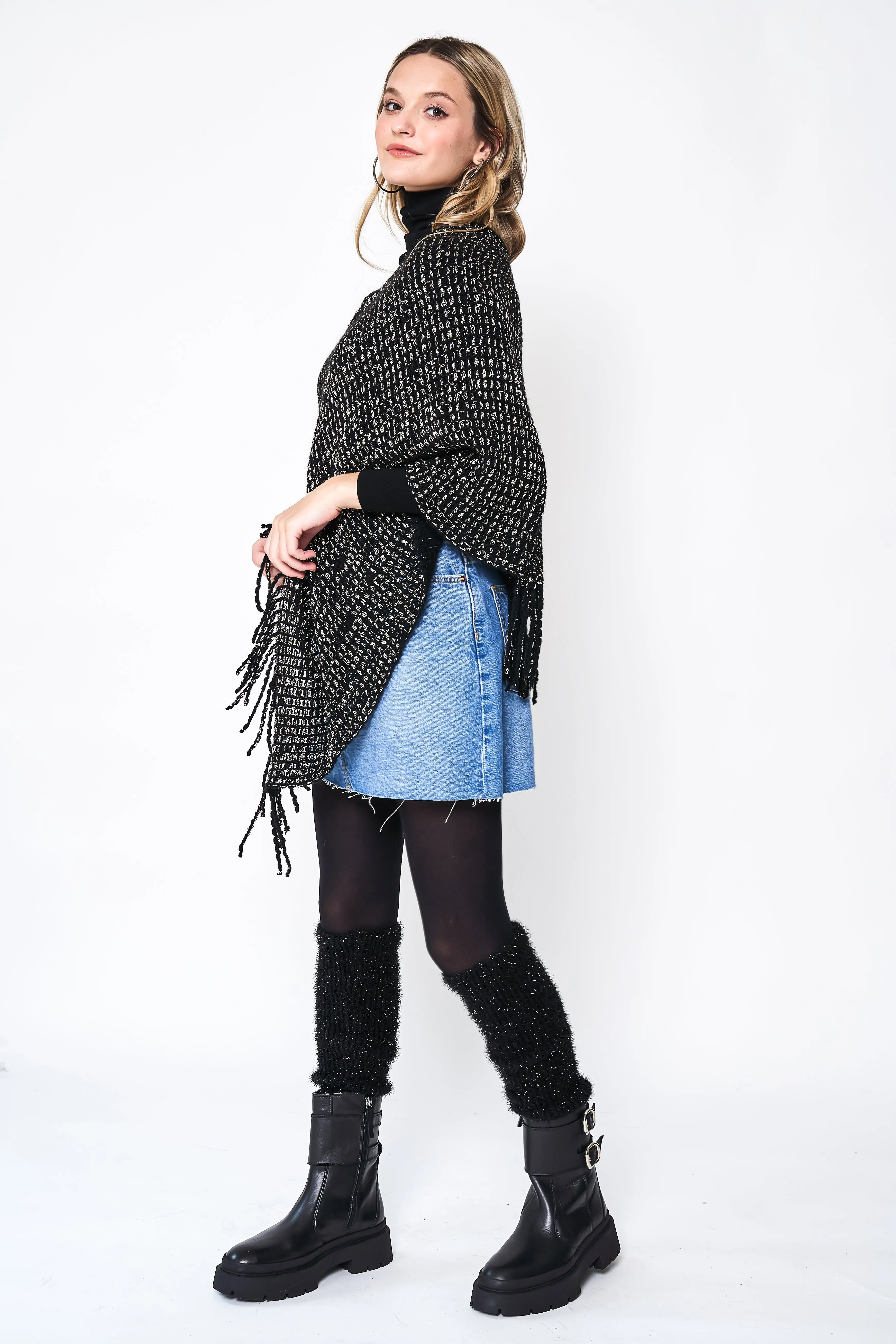 Fringed Solid Knit Poncho