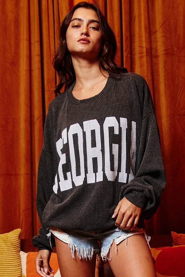 GEORGIA BLACK COMFY CORDED OVERSIZE GRAPHIC PULLOVER/SWEATSHIRT