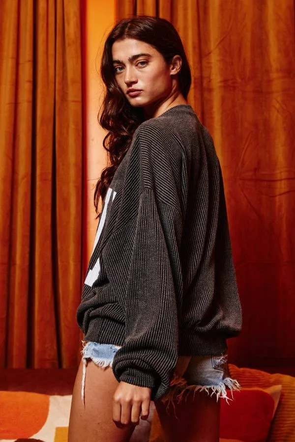 GEORGIA BLACK COMFY CORDED OVERSIZE GRAPHIC PULLOVER/SWEATSHIRT