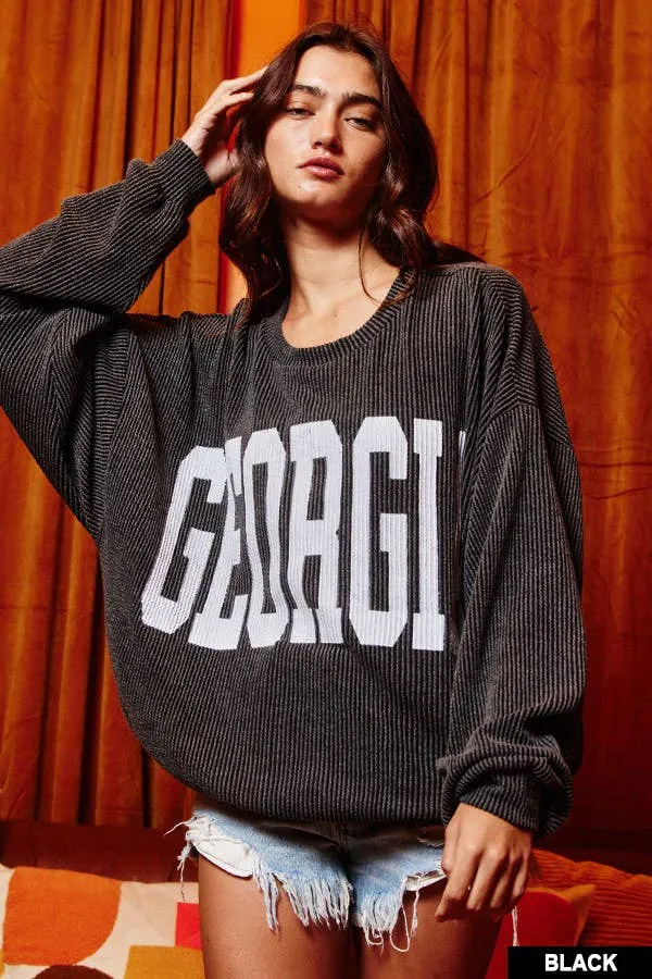 GEORGIA BLACK COMFY CORDED OVERSIZE GRAPHIC PULLOVER/SWEATSHIRT