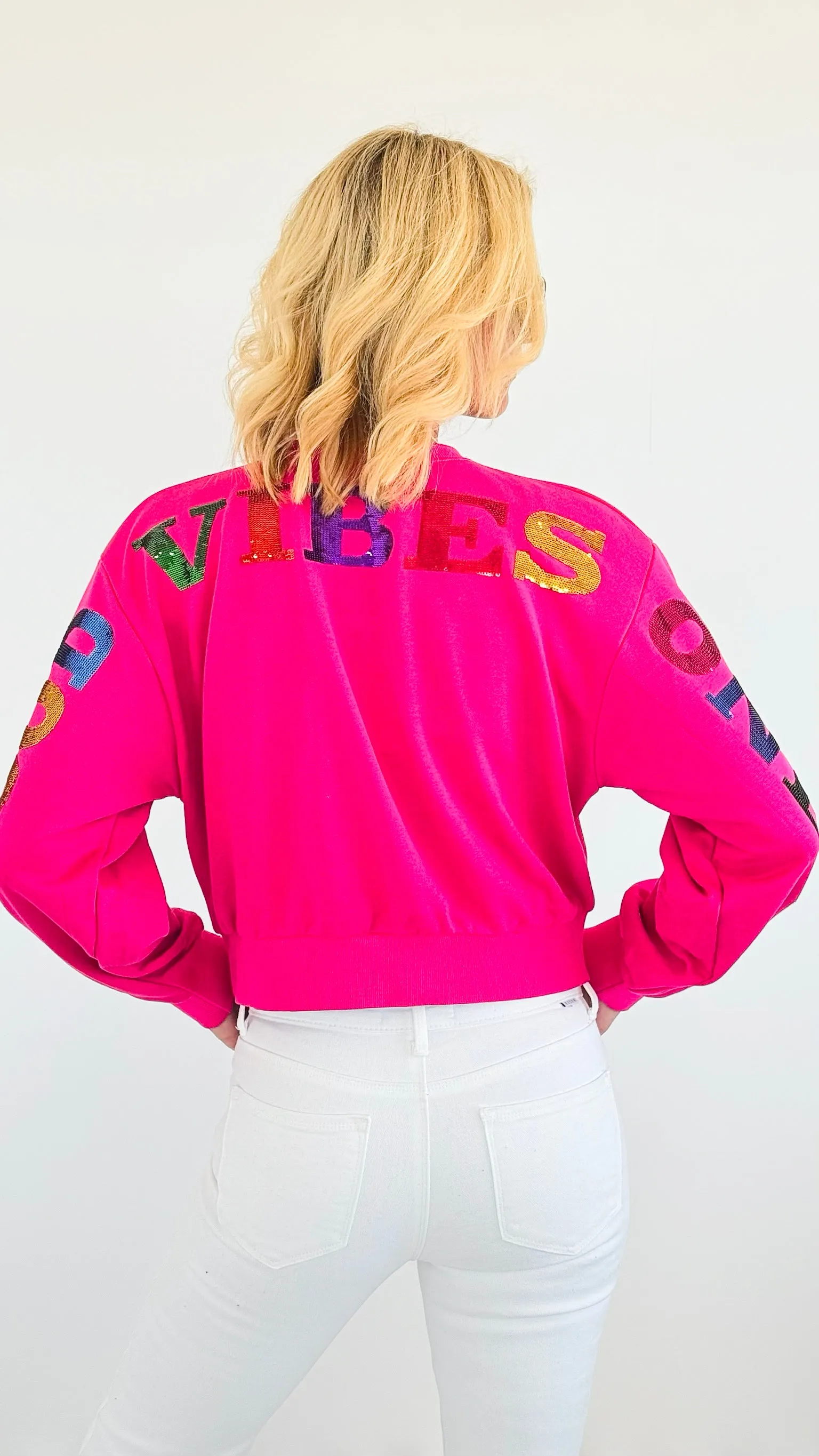 'Good Vibes Only' Pullover Sweater - Fuchsia