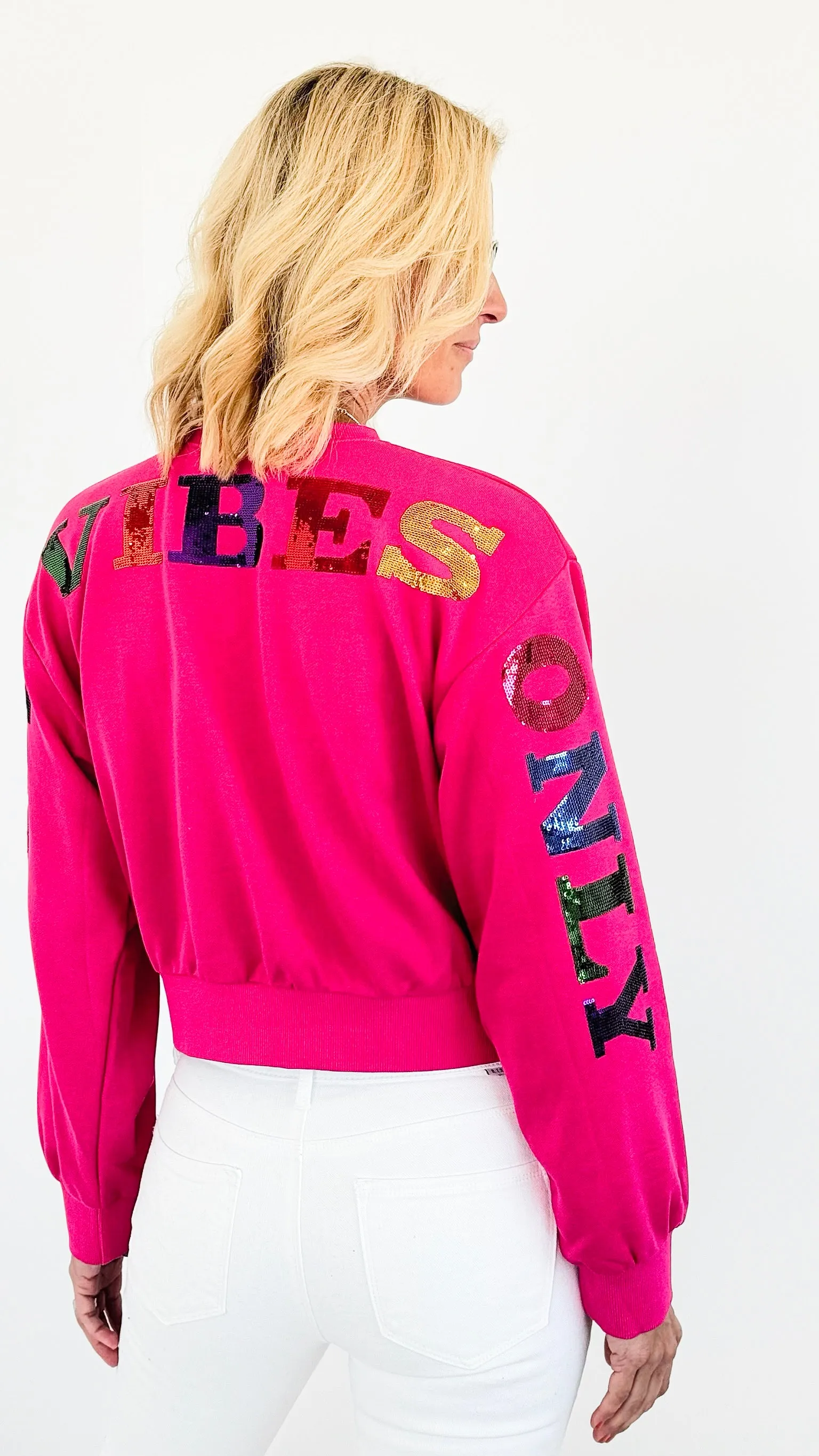 'Good Vibes Only' Pullover Sweater - Fuchsia