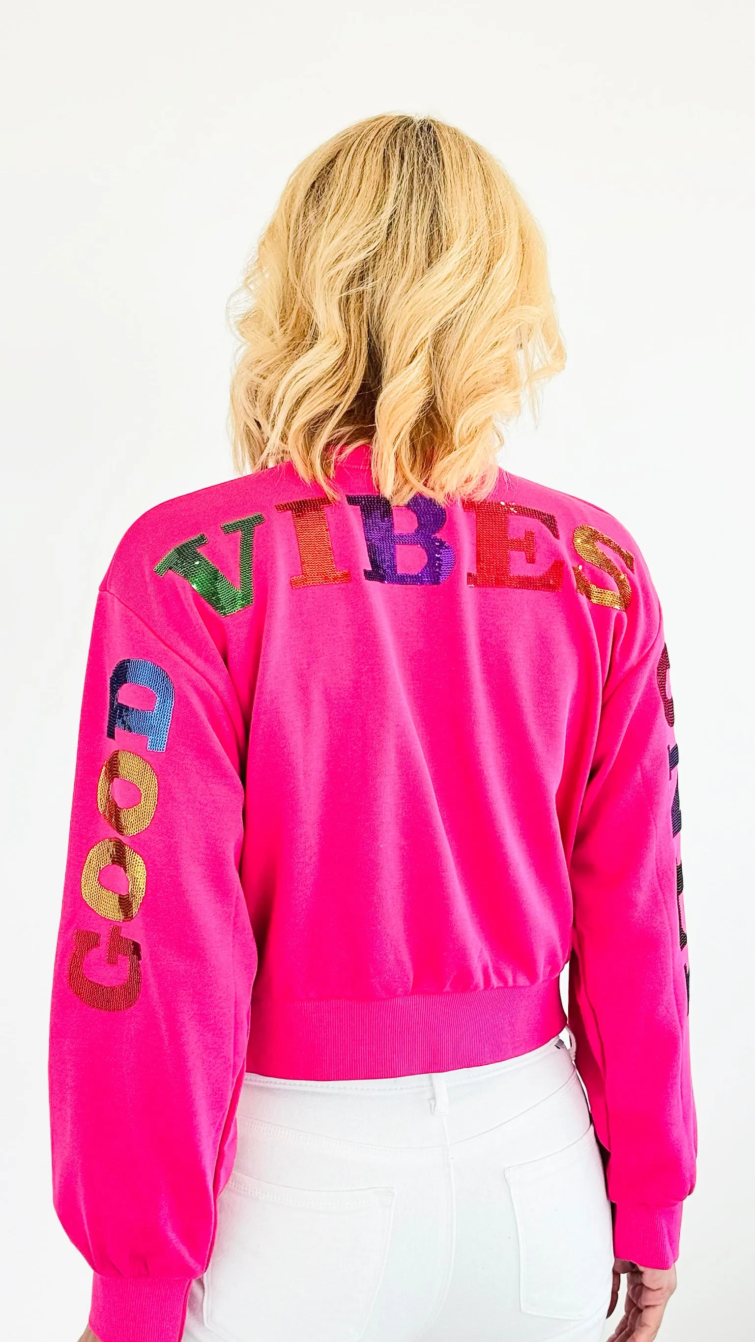 'Good Vibes Only' Pullover Sweater - Fuchsia