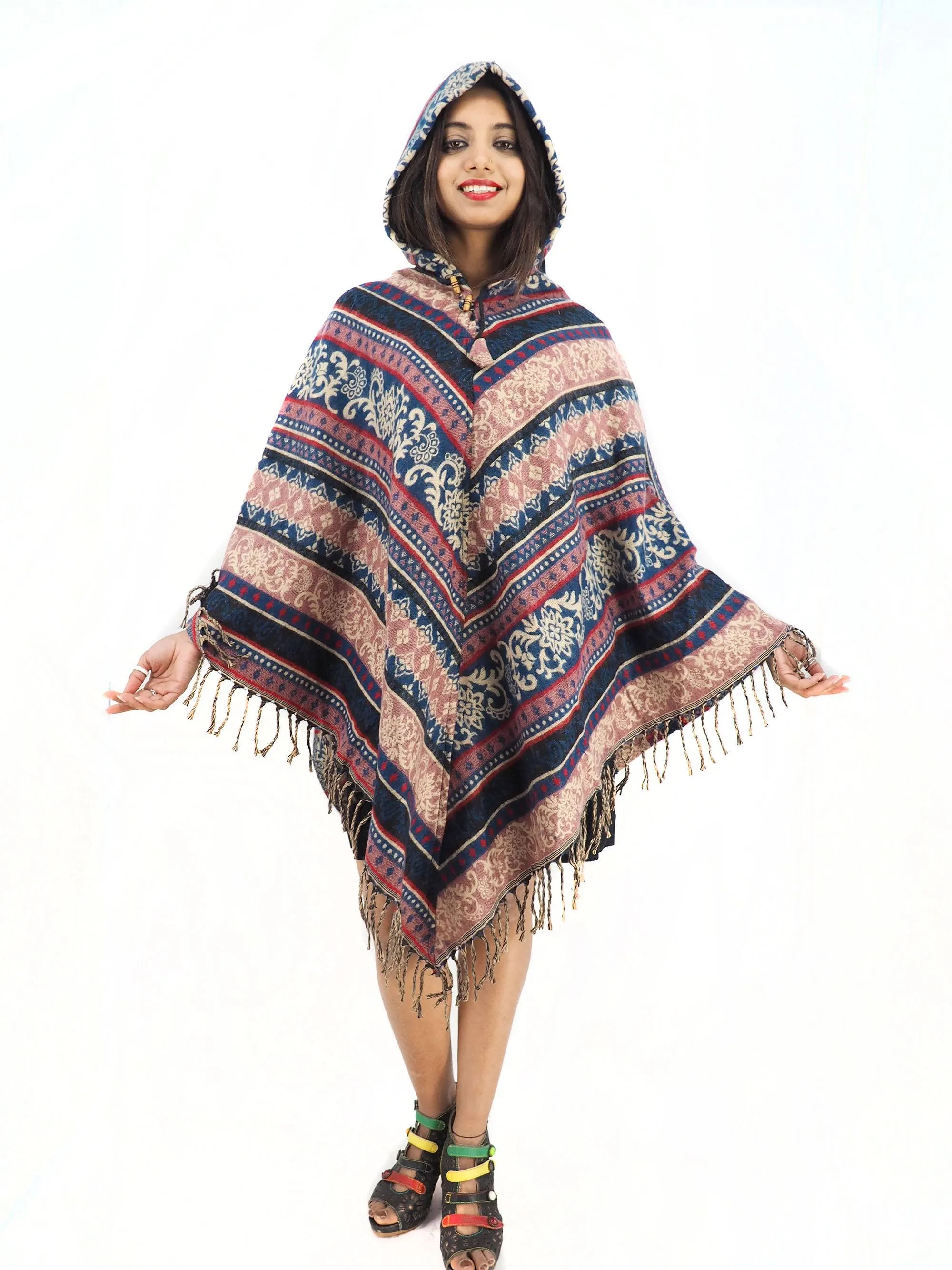 Handmade Hand Loomed Yak Wool Large Shawl Hooded Poncho 6177