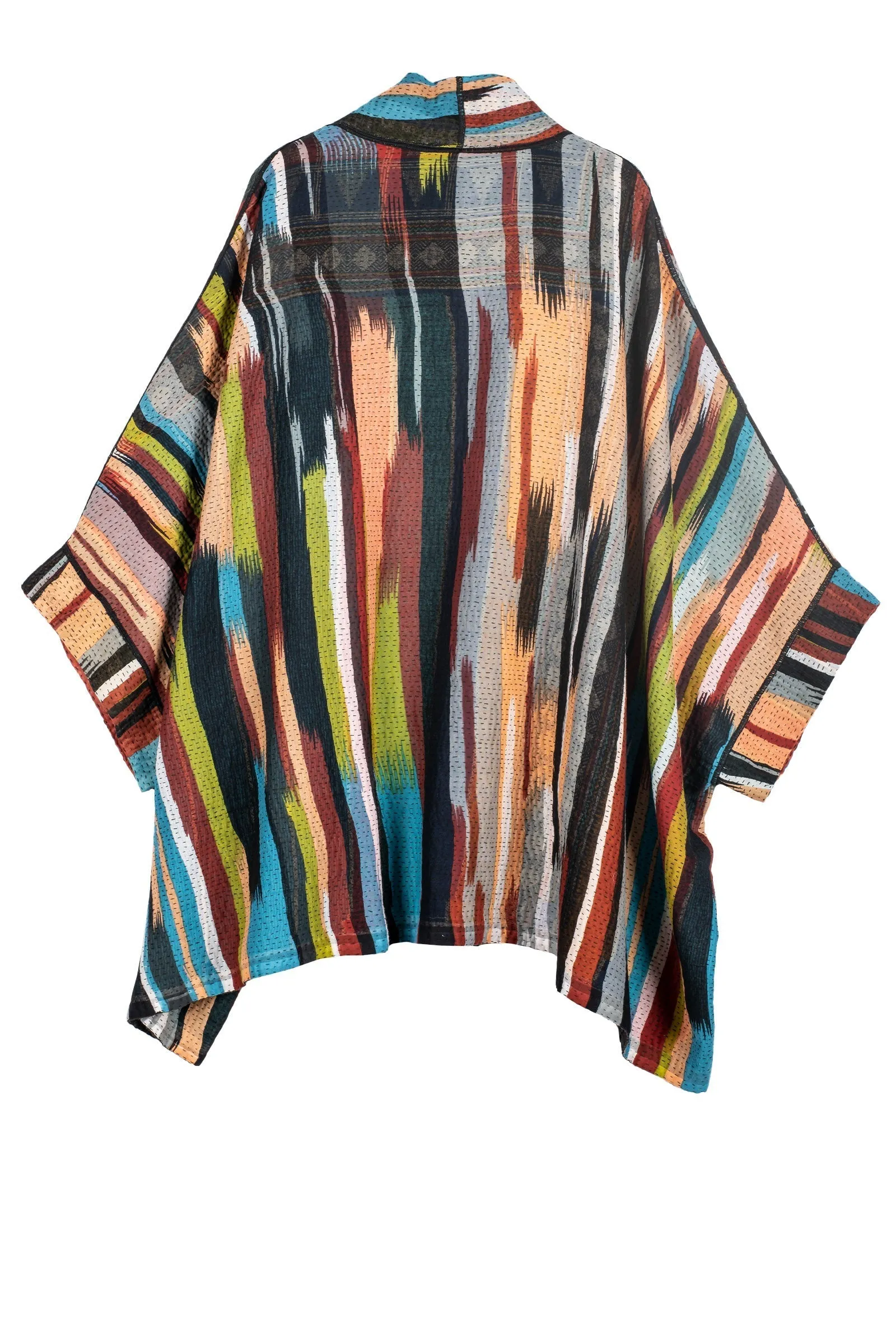 IKAT STRIPE KANTHA DOUBLE COLLAR PONCHO - is4323-red -