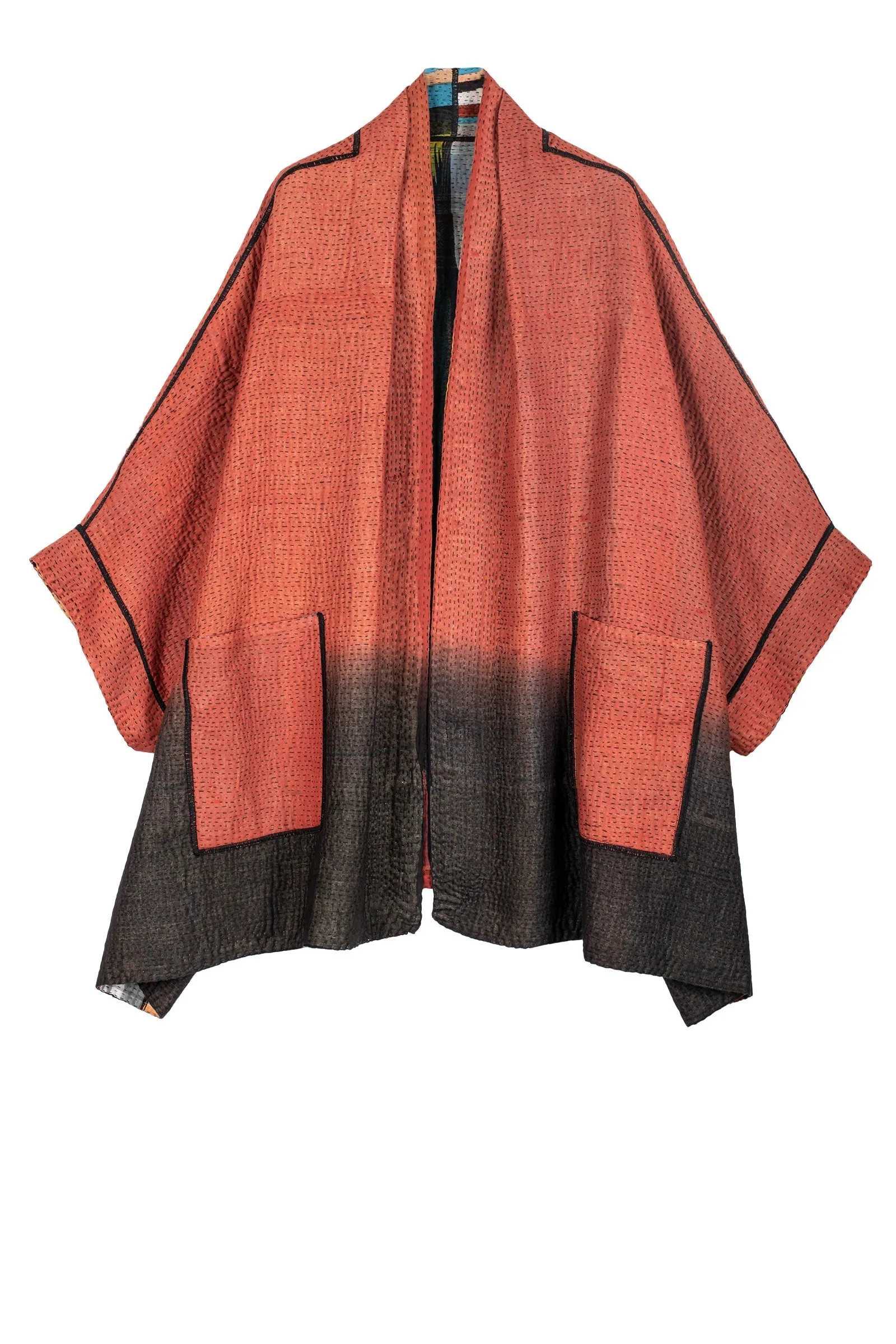 IKAT STRIPE KANTHA DOUBLE COLLAR PONCHO - is4323-red -