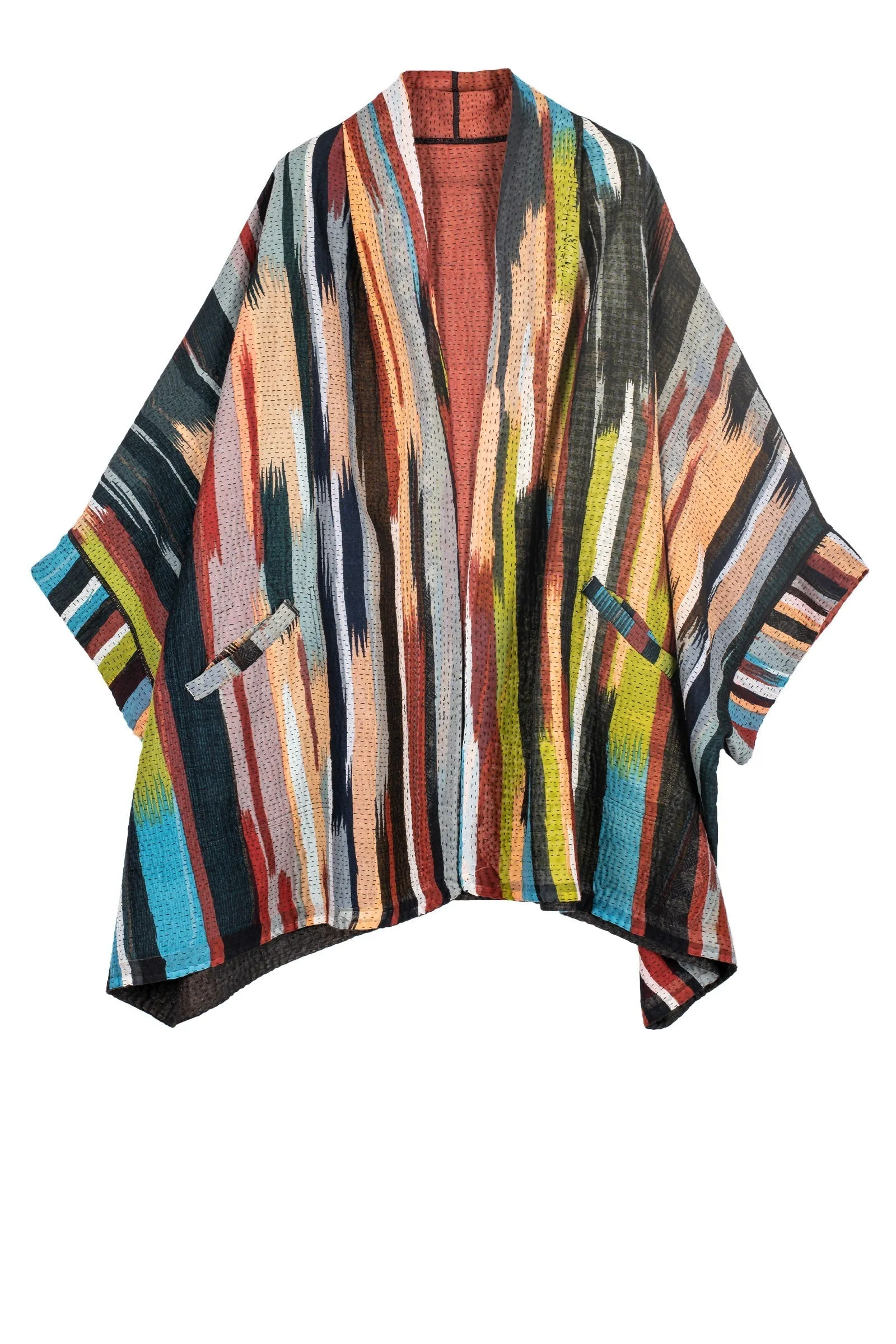 IKAT STRIPE KANTHA DOUBLE COLLAR PONCHO - is4323-red -