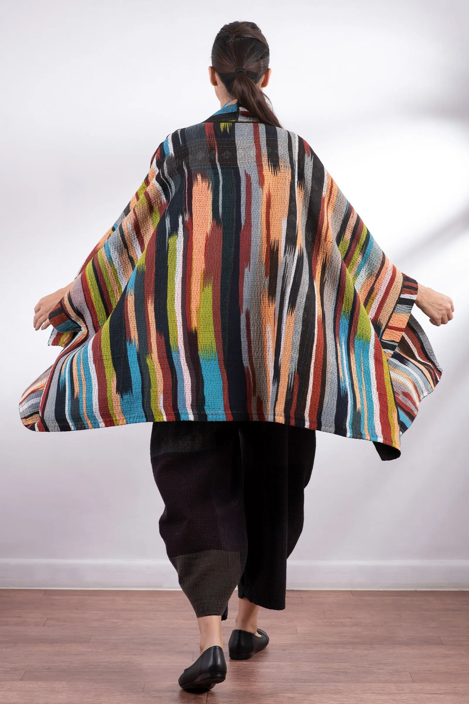 IKAT STRIPE KANTHA DOUBLE COLLAR PONCHO - is4323-red -
