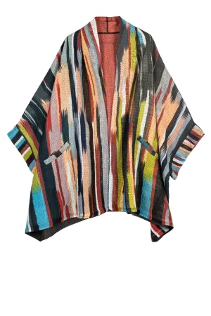 IKAT STRIPE KANTHA DOUBLE COLLAR PONCHO - is4323-red -