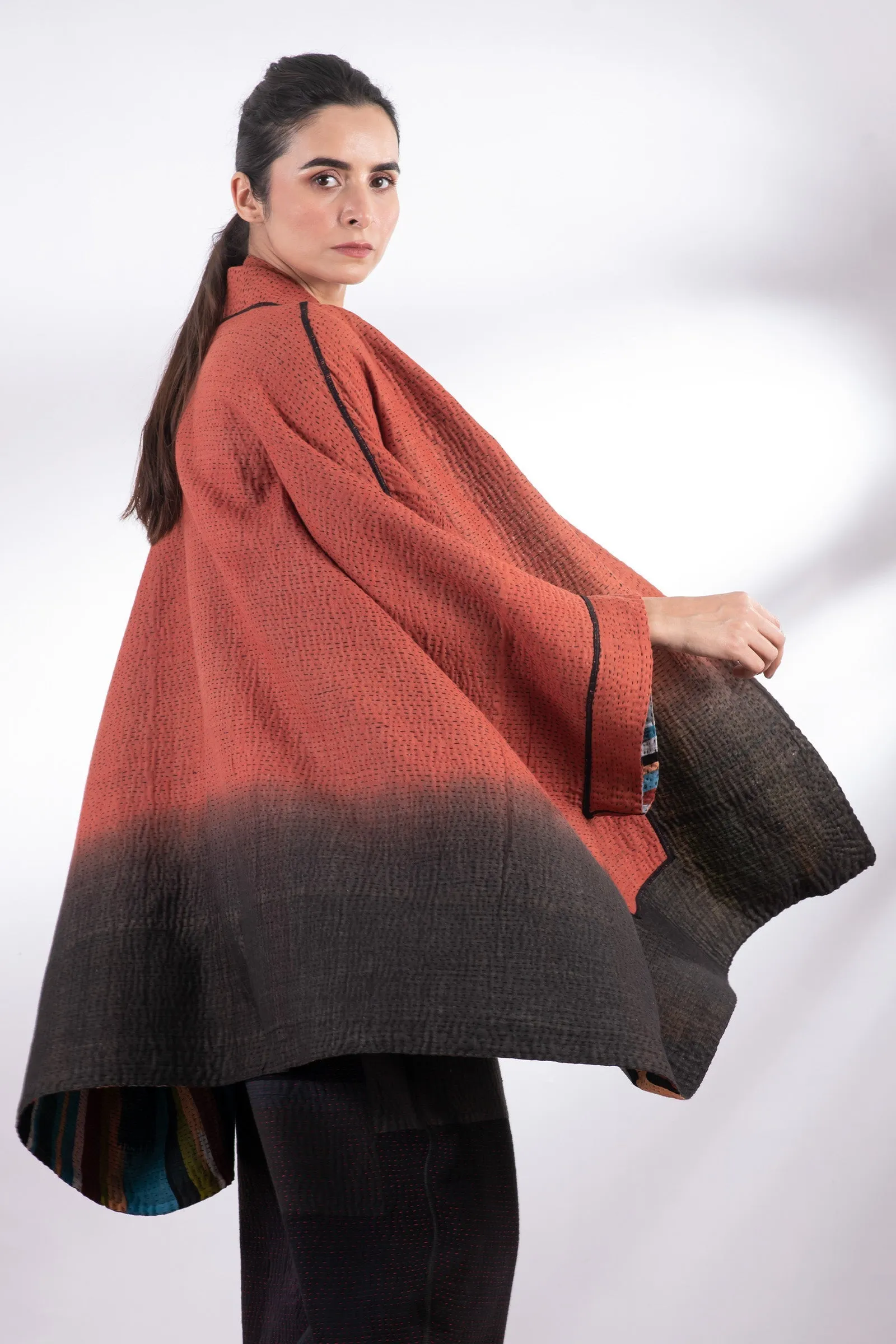 IKAT STRIPE KANTHA DOUBLE COLLAR PONCHO - is4323-red -