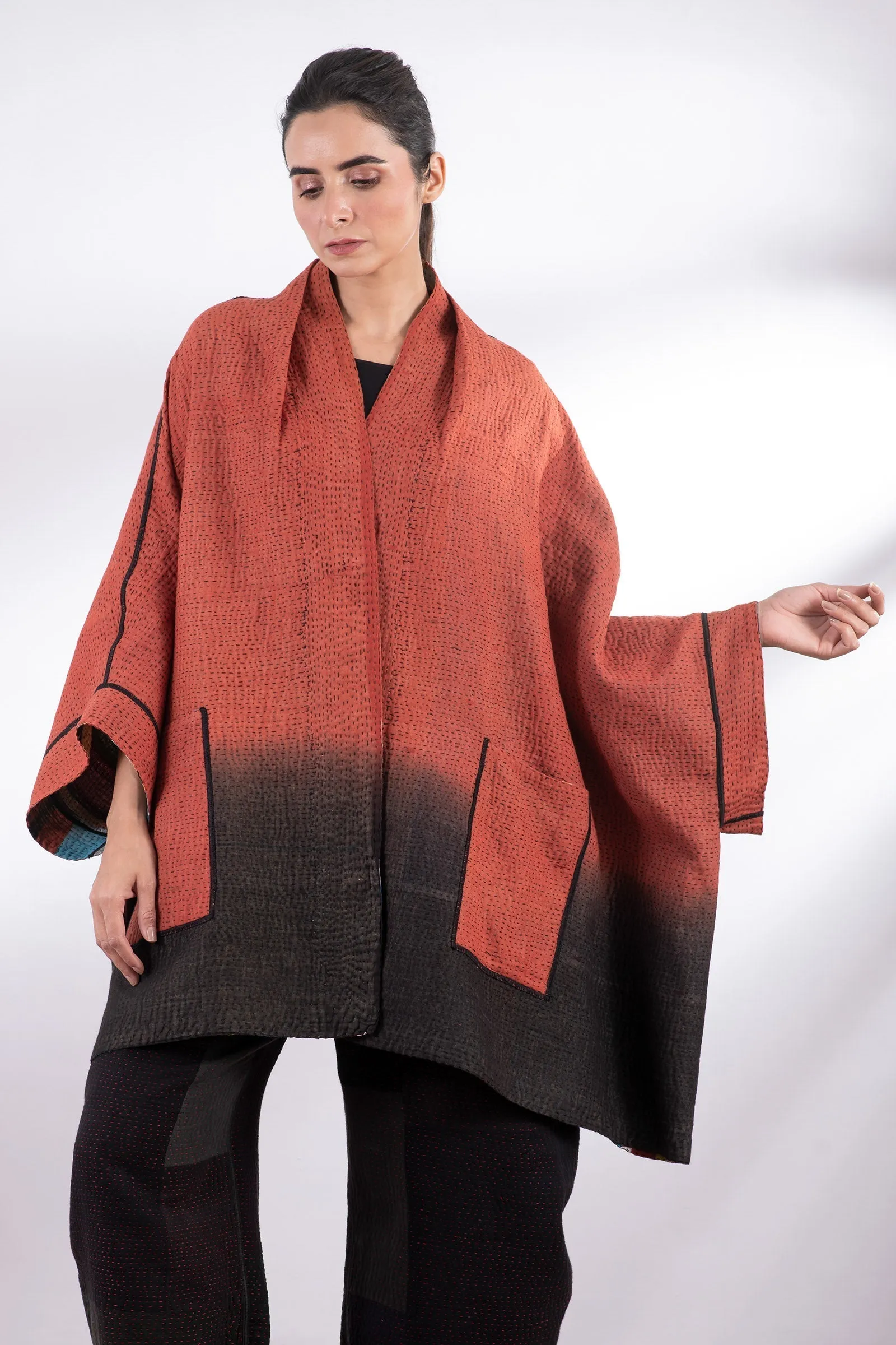 IKAT STRIPE KANTHA DOUBLE COLLAR PONCHO - is4323-red -