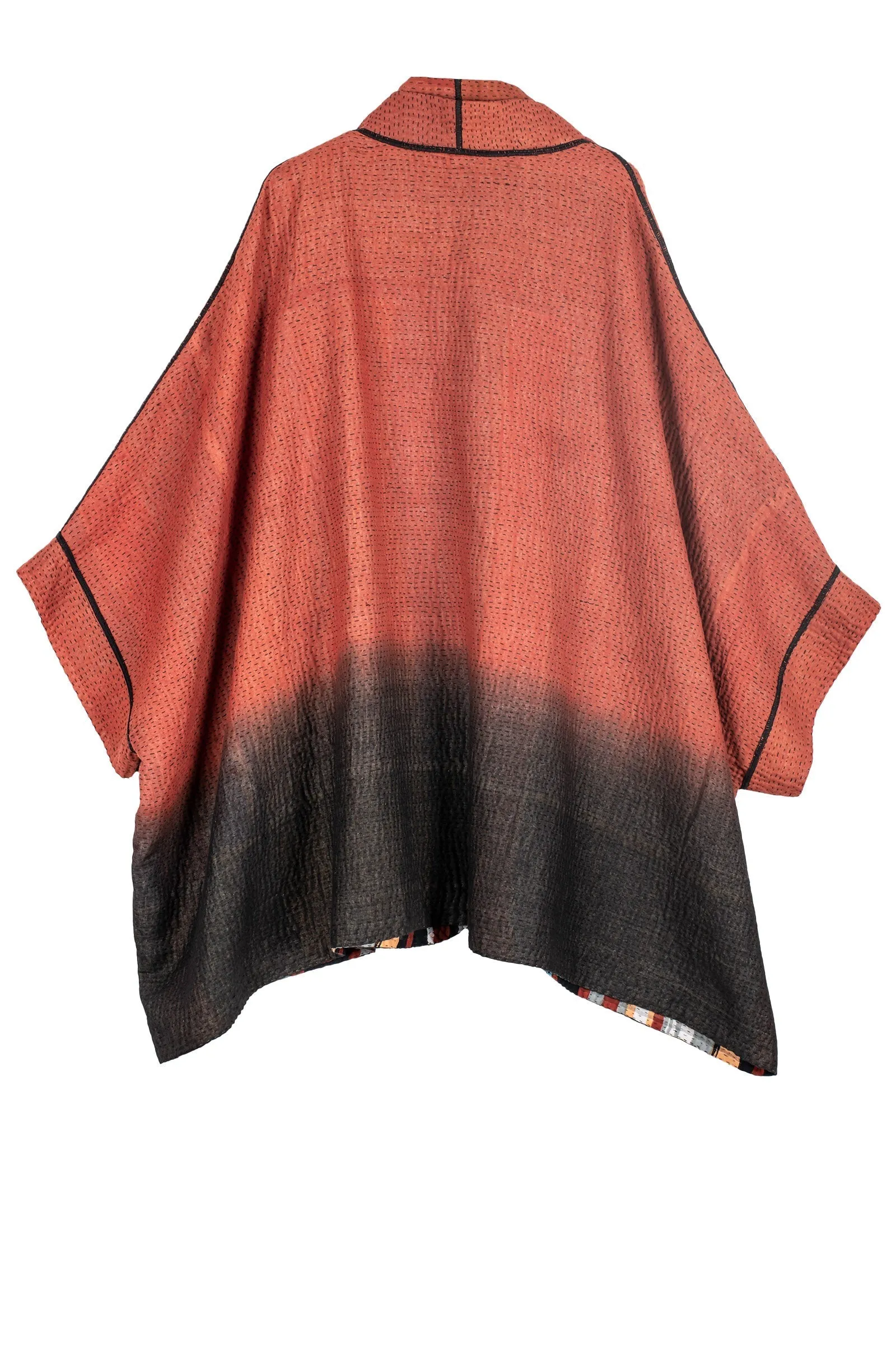 IKAT STRIPE KANTHA DOUBLE COLLAR PONCHO - is4323-red -