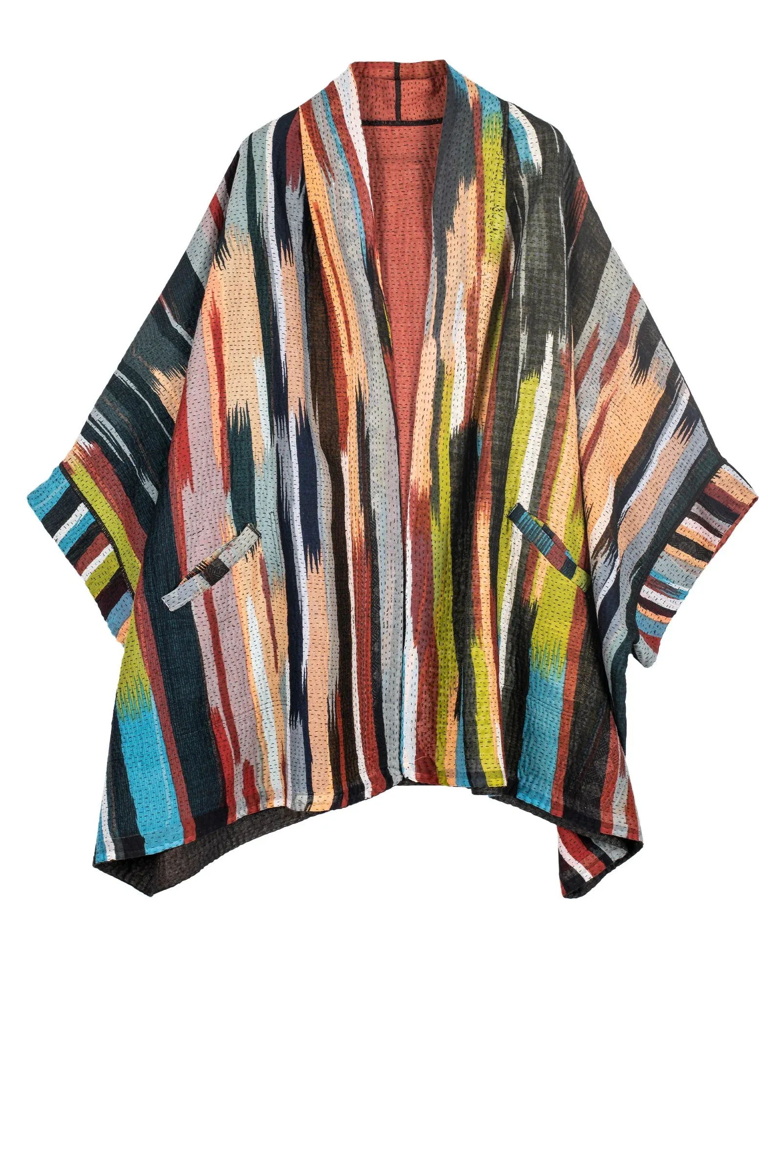 IKAT STRIPE KANTHA DOUBLE COLLAR PONCHO - is4323-red -