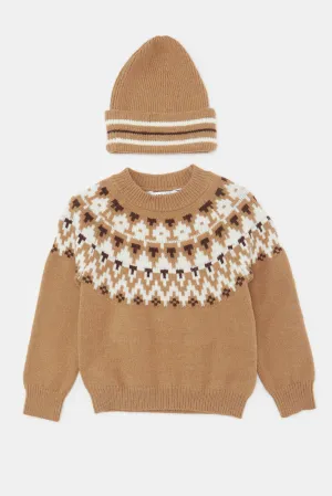 Infant Boys Brown Knitted Pullover With Cap Set (2 Piece) Infant Boys Brown Knitted Pullover With Cap Set (2 Piece)