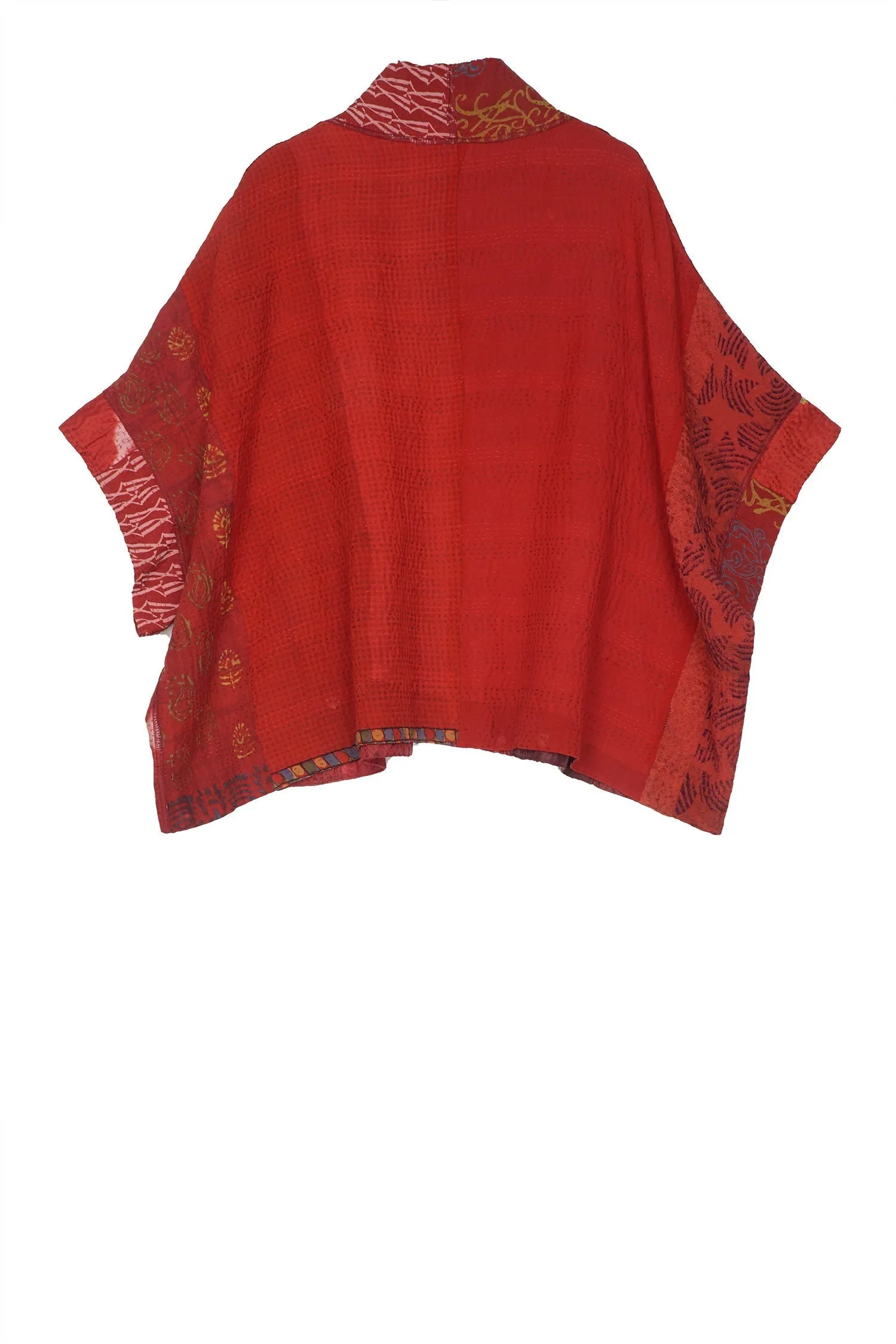JACQUARD SILK KANTHA MINI PONCHO - js4060-red -