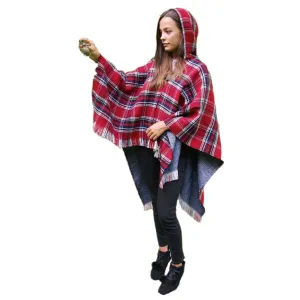 Ladies Hooded Tartan Poncho - Red Ladies Hooded Tartan Poncho - Red