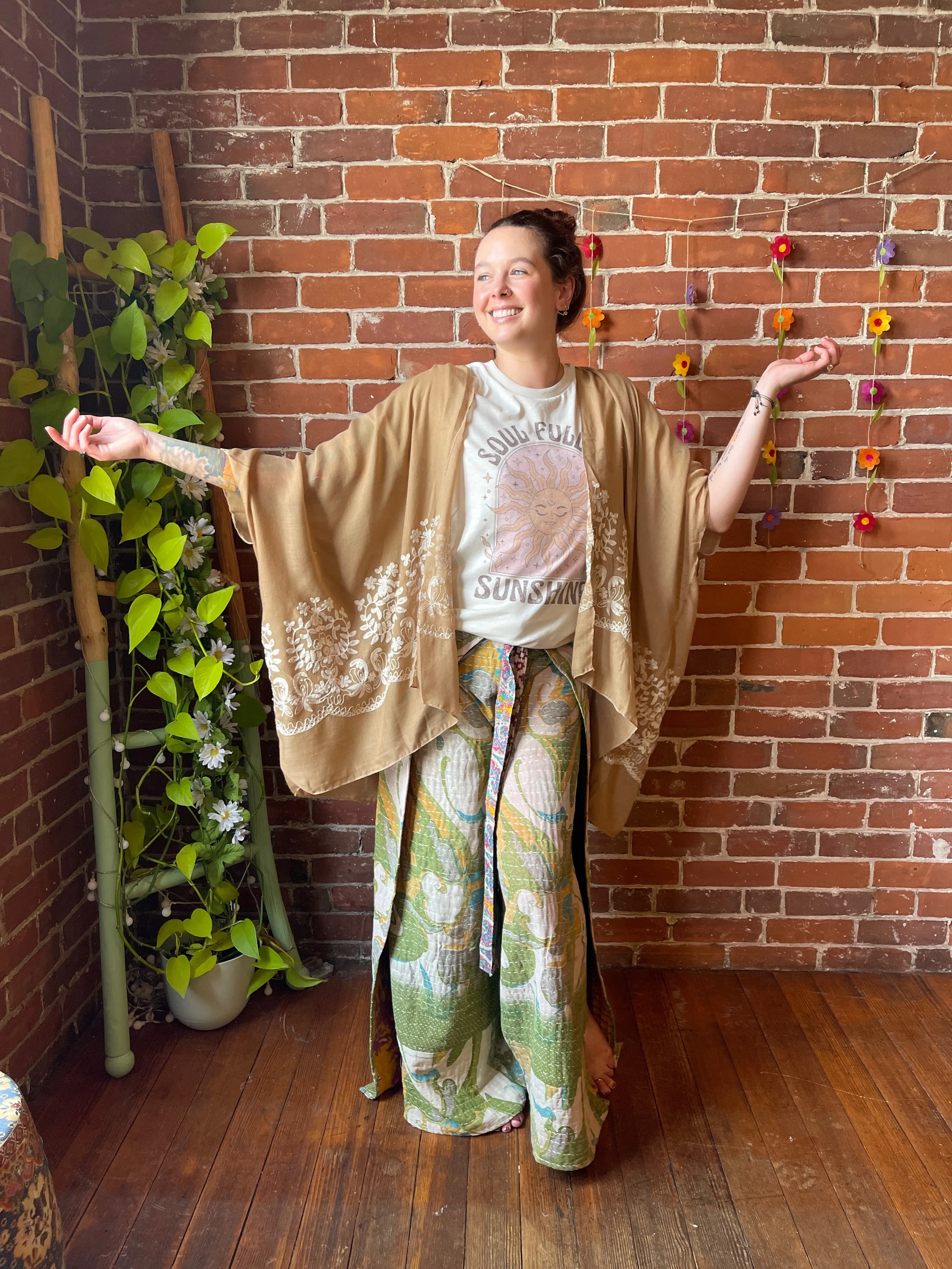 Latte Embroidered Boho Kimono Layer