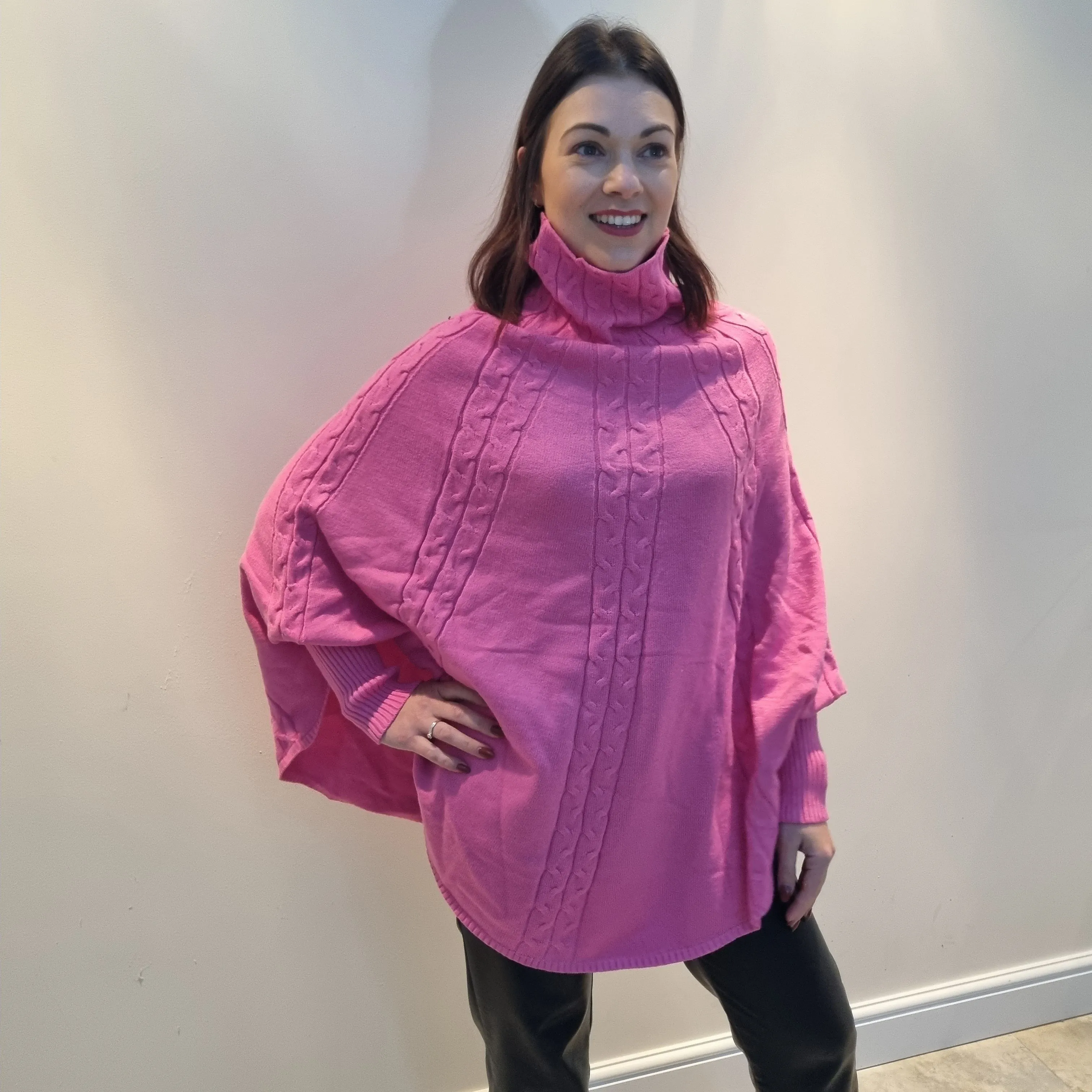 Malissa J Turtle Neck Cable Knit Poncho Style Jumper