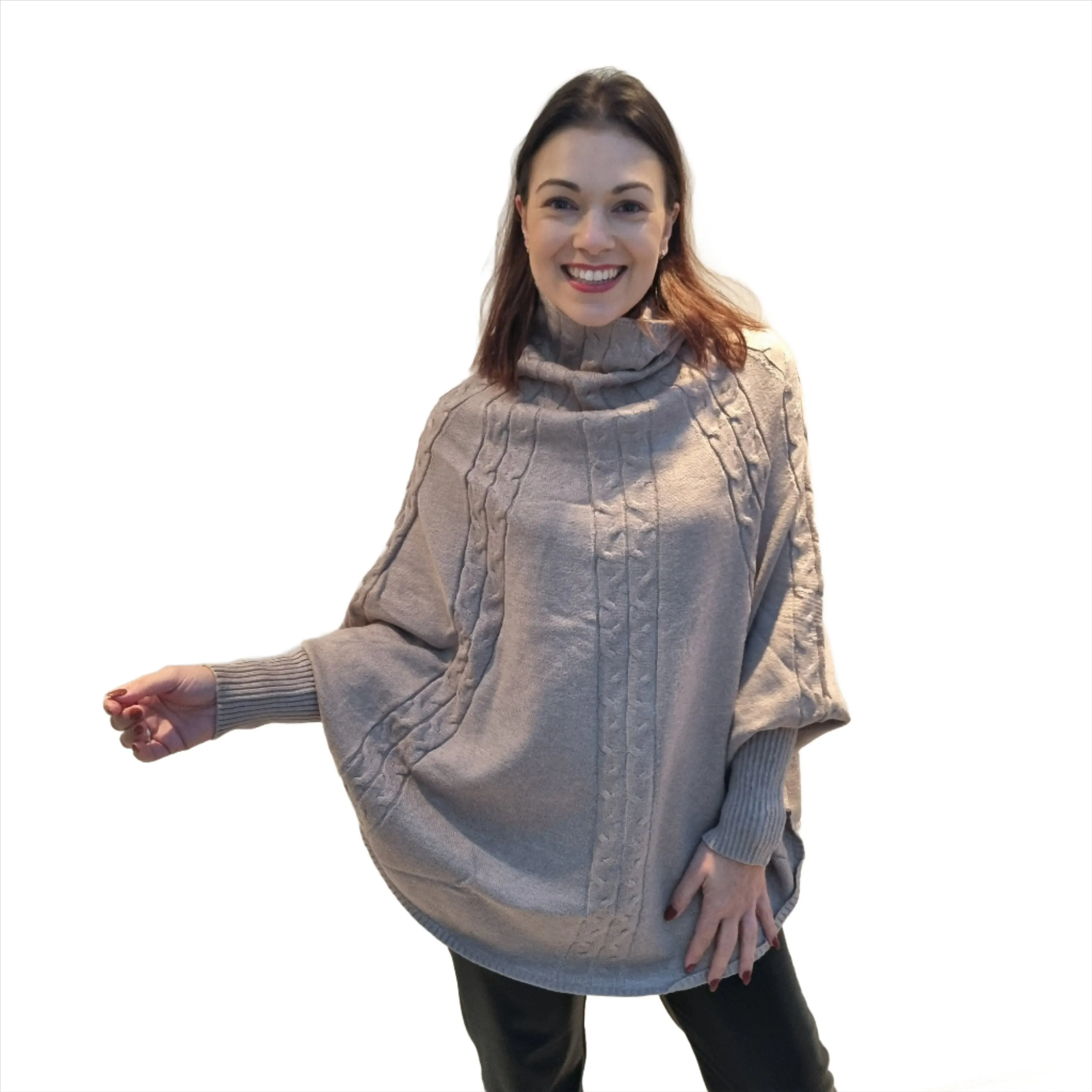Malissa J Turtle Neck Cable Knit Poncho Style Jumper
