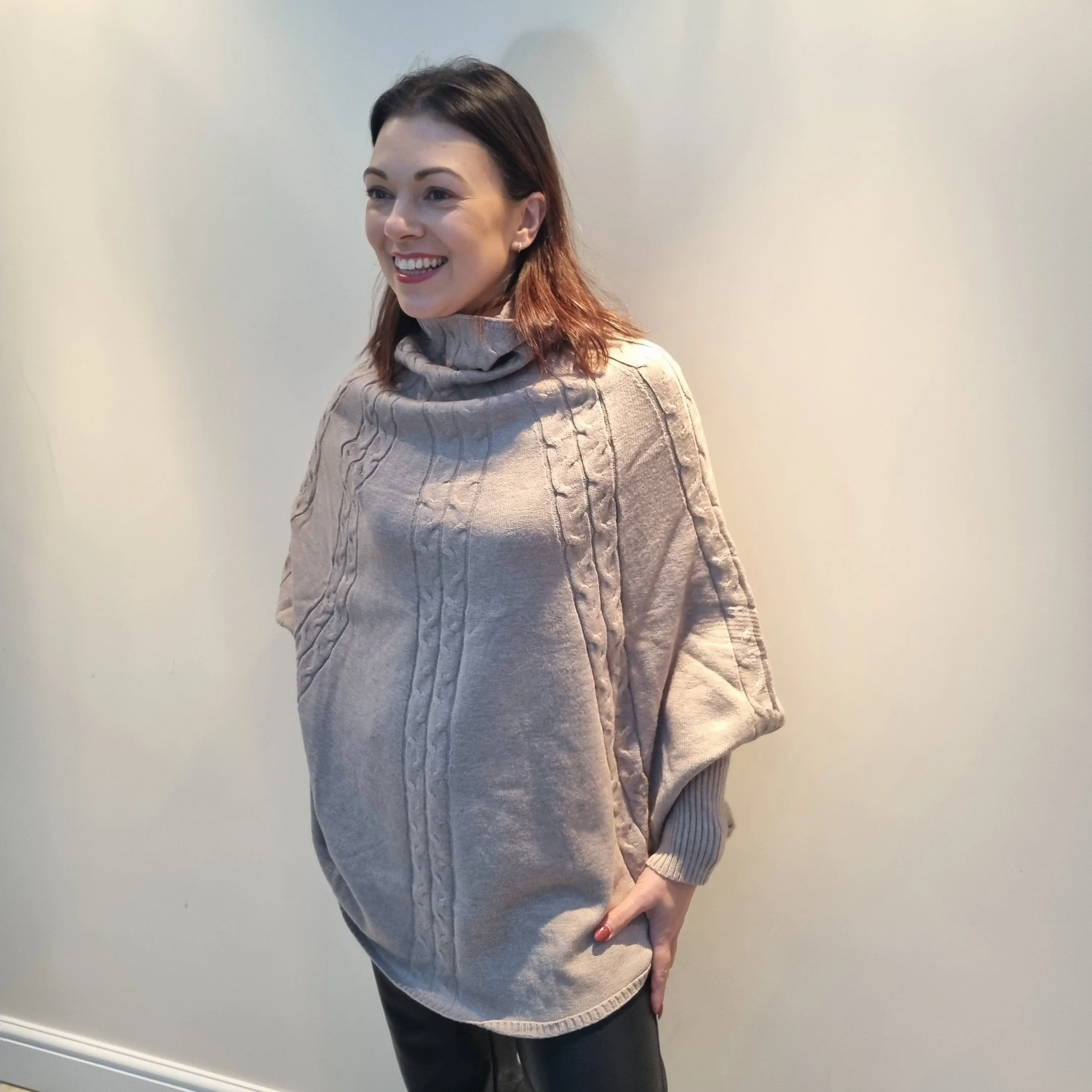 Malissa J Turtle Neck Cable Knit Poncho Style Jumper