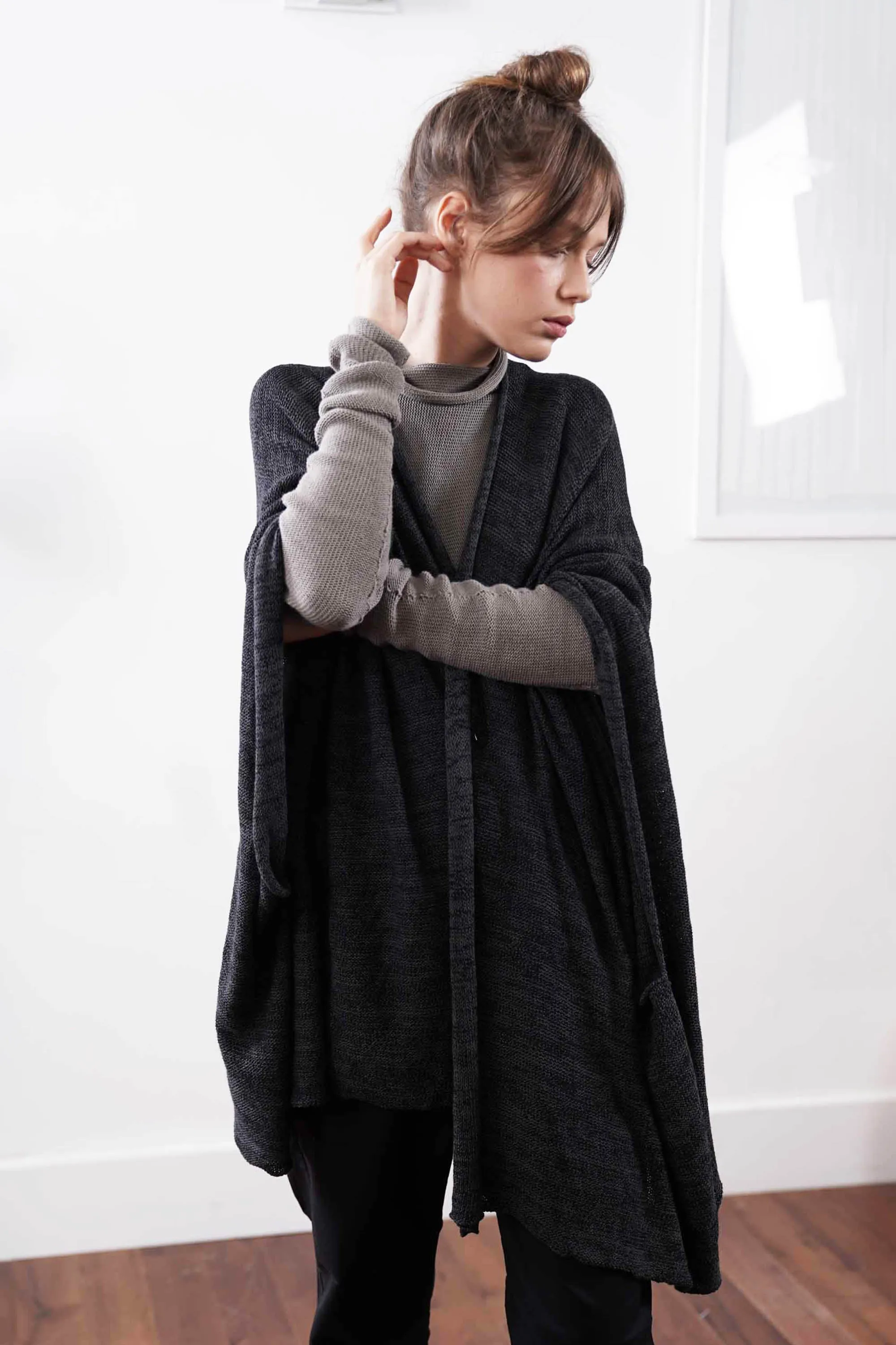 Metalo Open Poncho Cape -Black & Charcoal, made from  Bamboo, Cotton & Soy