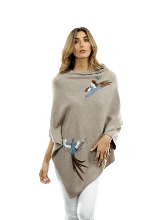 Poncho with Embroidered Phoenix - Oatmeal
