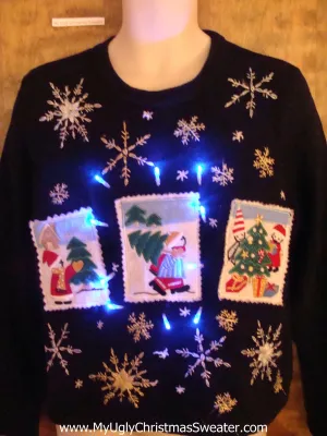 Postage Stamp Snowmen Light Up Ugly Xmas Sweater