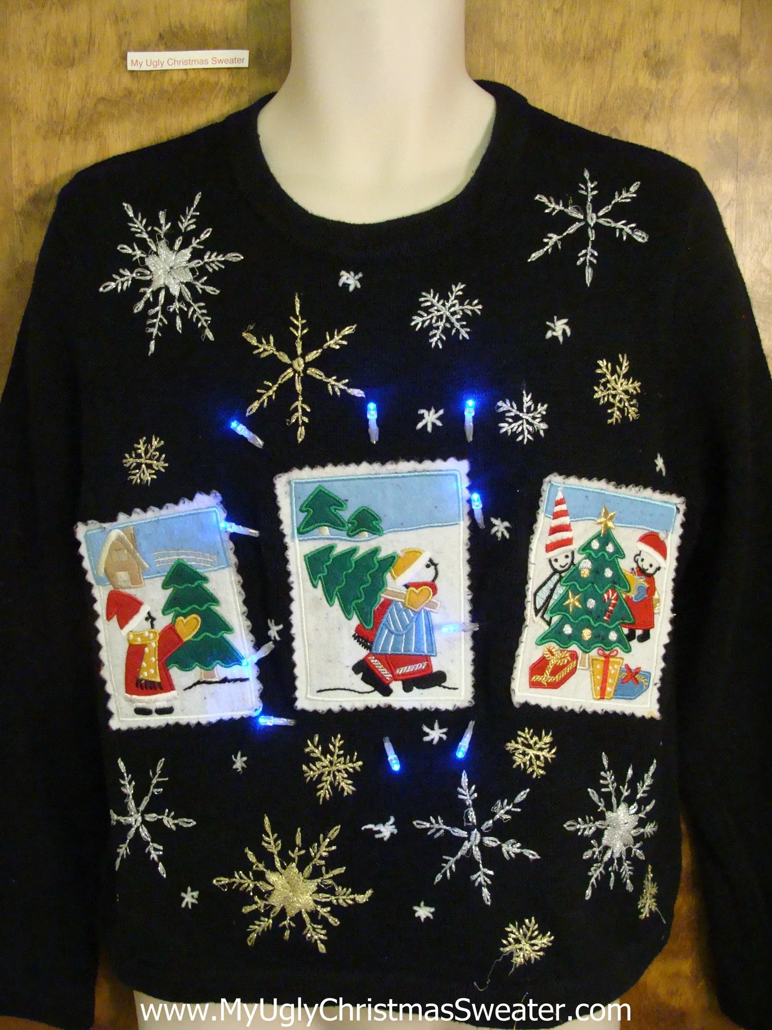 Postage Stamp Snowmen Light Up Ugly Xmas Sweater