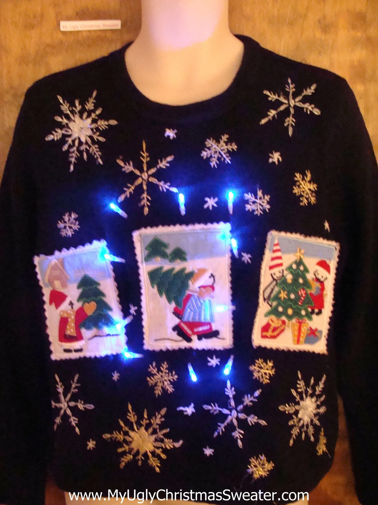 Postage Stamp Snowmen Light Up Ugly Xmas Sweater