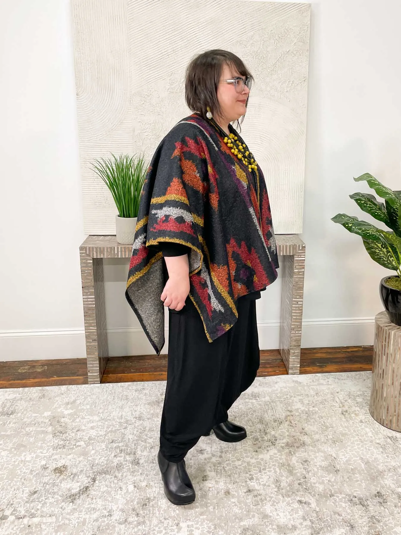Printed Boucle Ruana Poncho, Sante Fe
