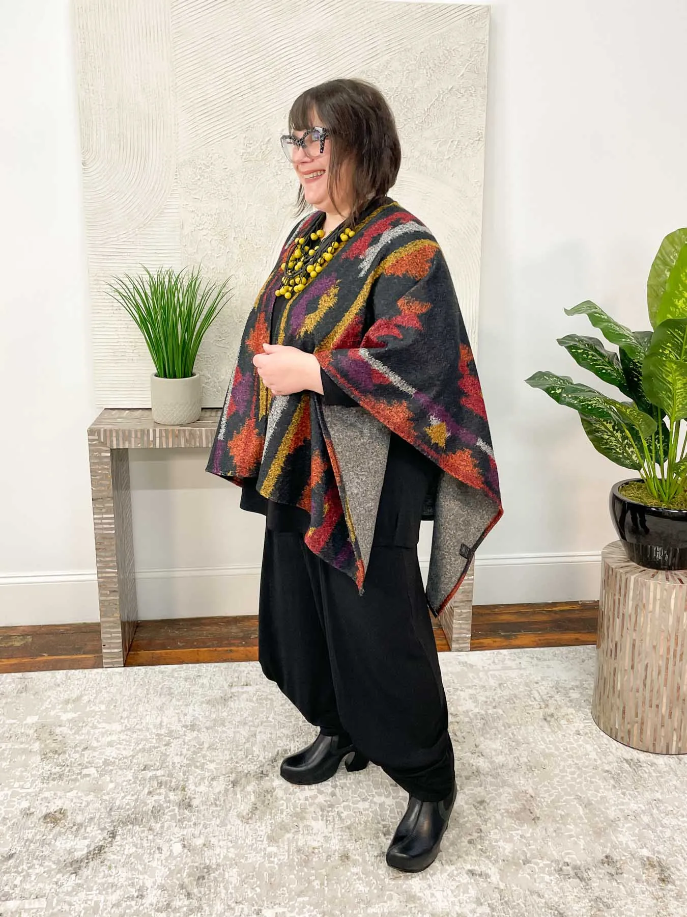 Printed Boucle Ruana Poncho, Sante Fe